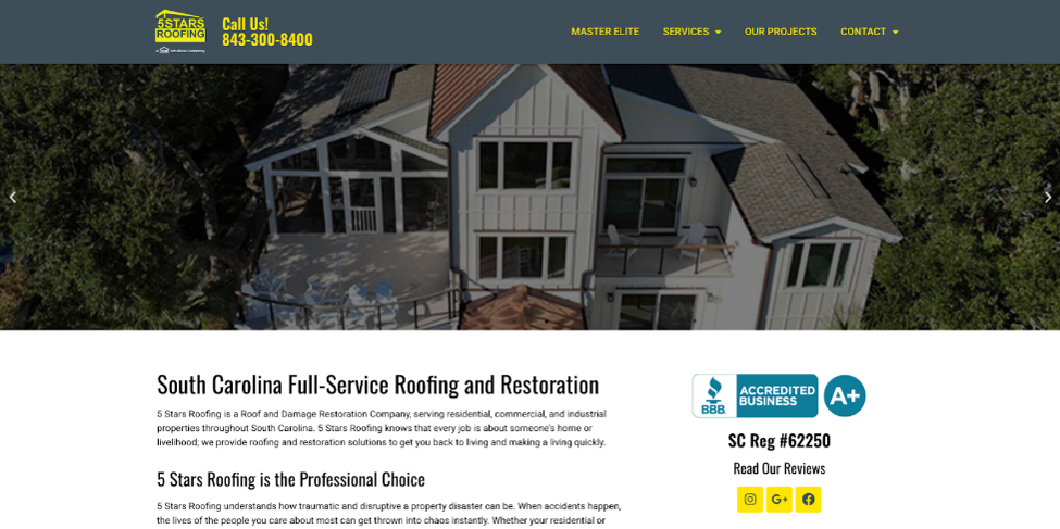 An image of 5 Stars Roofing, a top Charleston roofing company's website homepage.