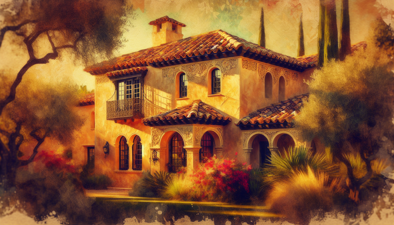 Illustration of a Mediterranean style home with stucco exterior.