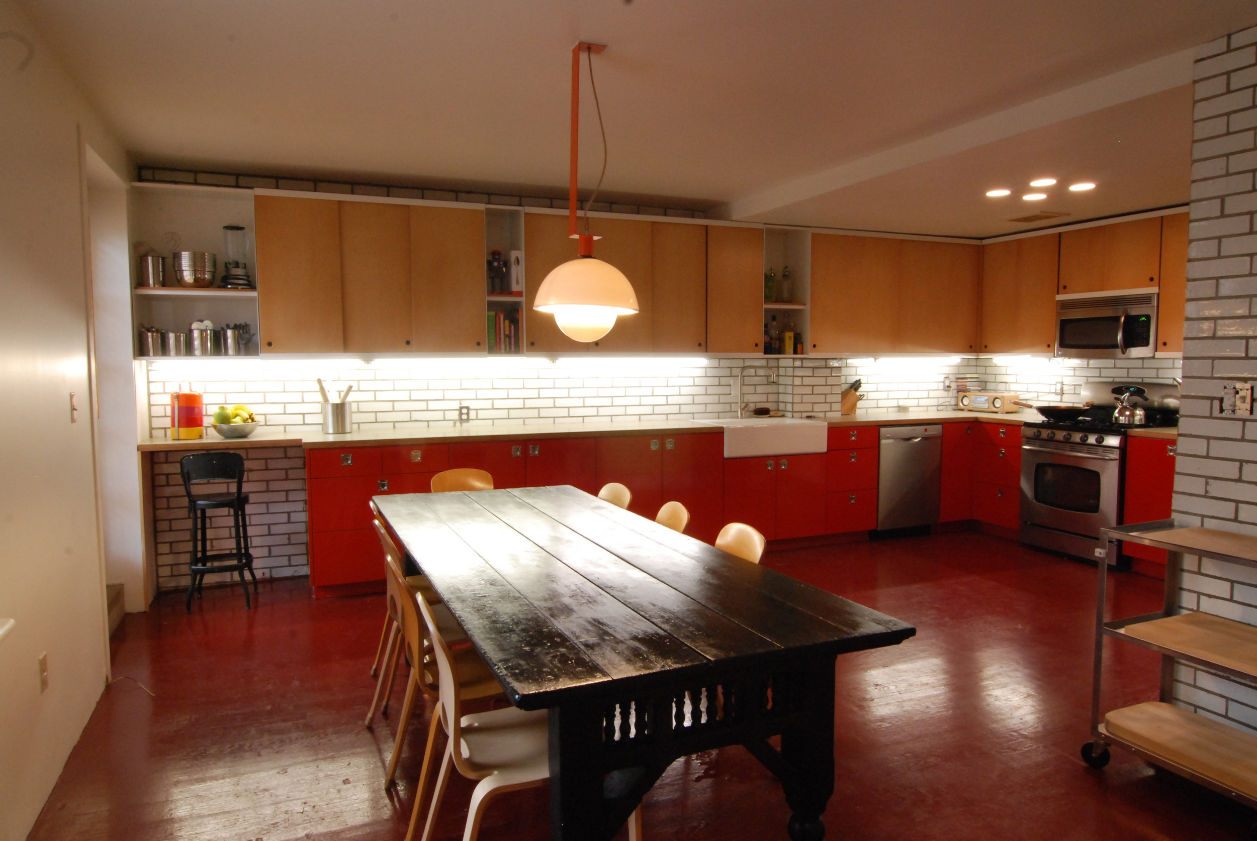 BROOKLYN BROWNSTONE / COOKING SCHOOL - 2007 Removing bearing walls allowed this apartment to be opened up to create a large kitchen and dining area that got used by the owner's cooking school for kids. The project was published in Domino Magazine.