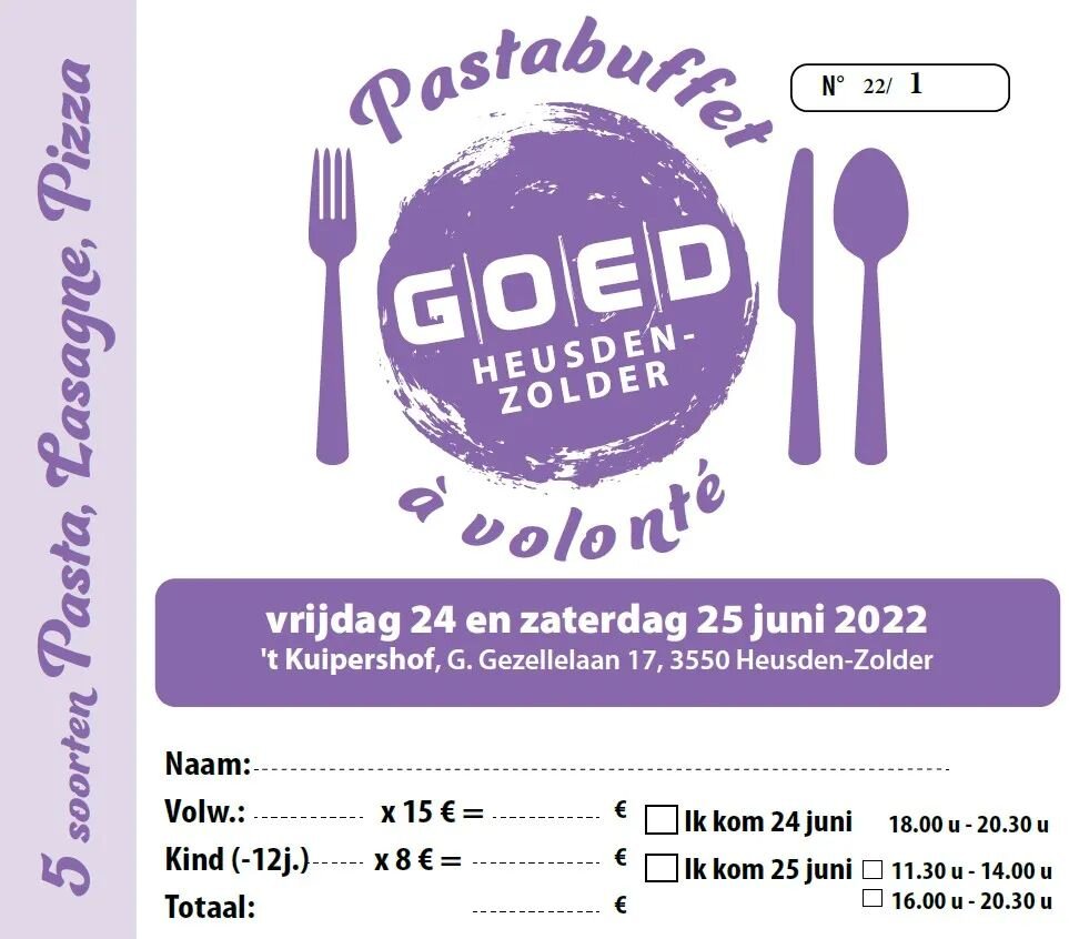 Na 2 jaar onderbreking mag en kan het weer: &quot;Pastabuffet &agrave; volont&eacute;&quot;
Kom samen met ons genieten op vrijdag 24 en/of zaterdag 25 juni in zaal 't Kuipershof.
Kaarten te verkrijgen bij onze mandatarissen en bestuursleden of via ma