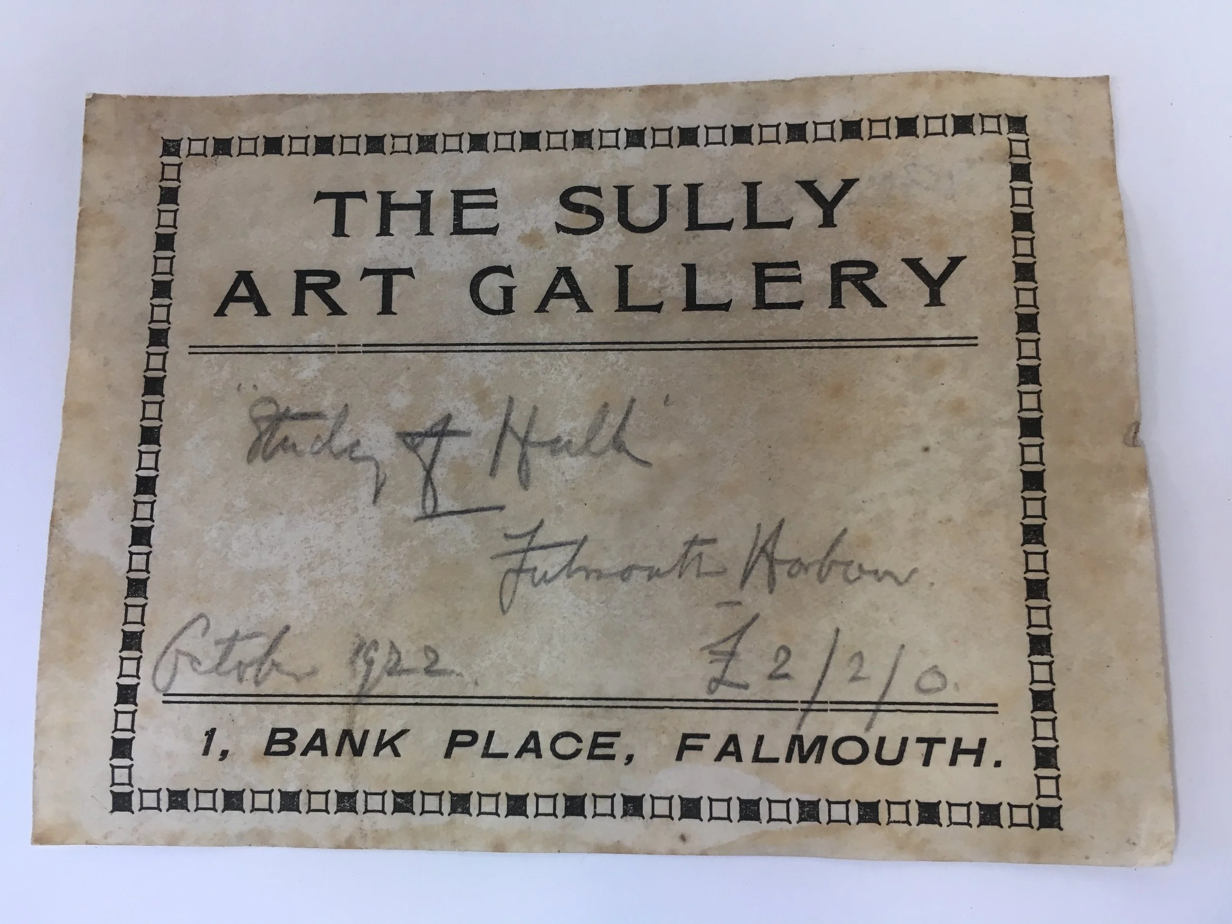 This would have been on the back of an artwork for sale, in the Sullys art gallery, dated 1922