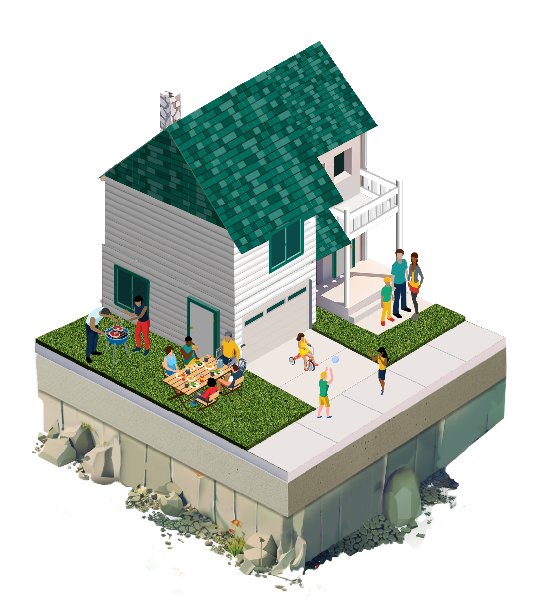 Illustration of fully built house with family and neighbors socializing in the yard.