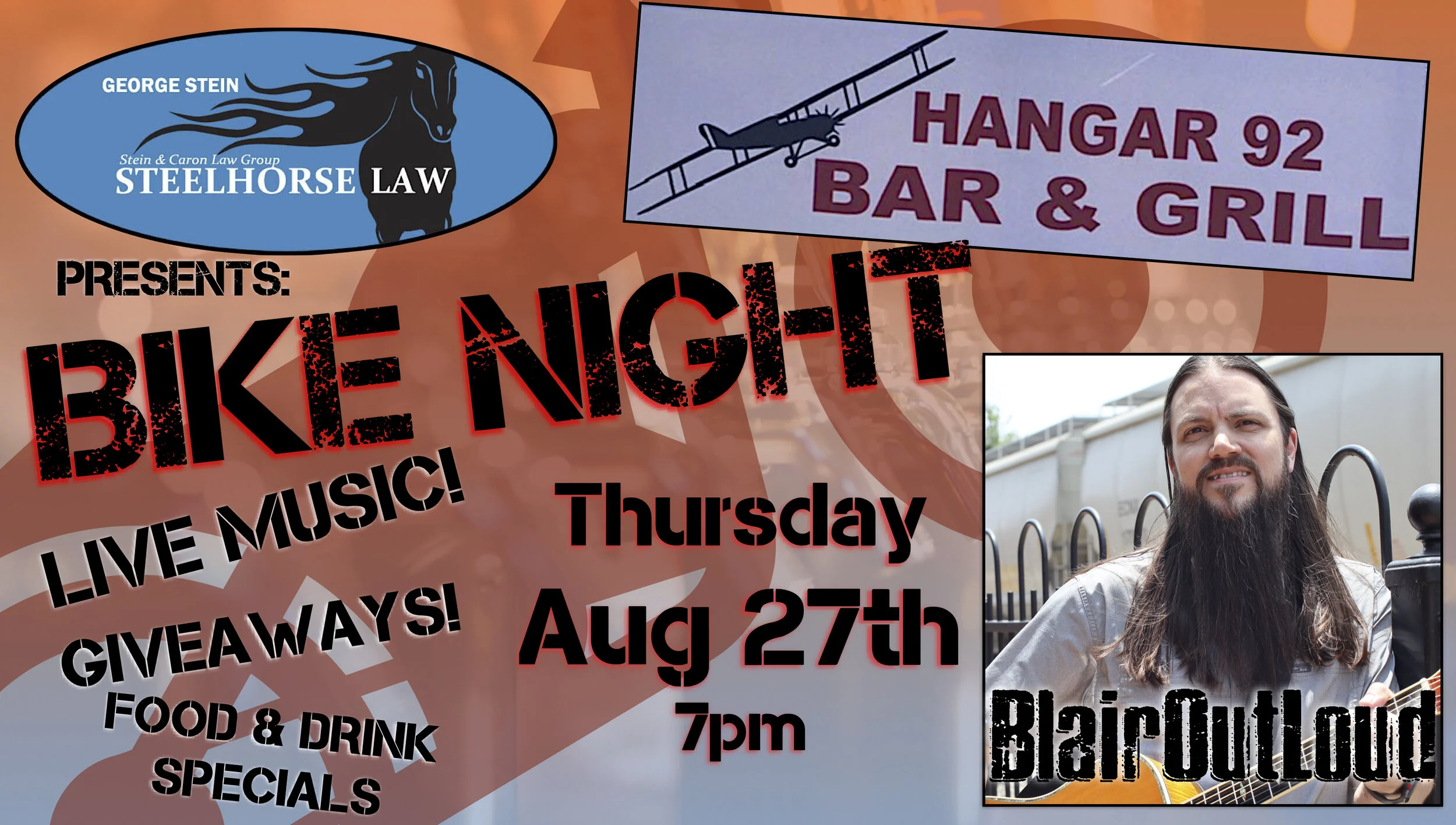 Tom Blair performs at Bike Night, Thursday Aug 27th at the Hangar 92!