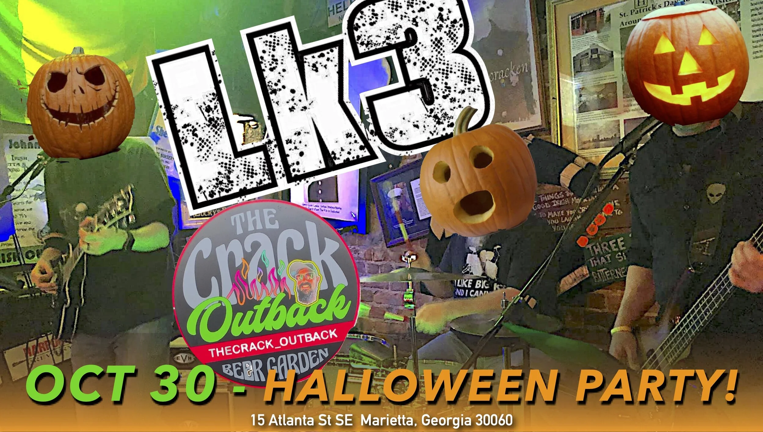 LK3 Halloween Party at Johnnie MacCrackens.. The Crack Outback (weather permitting). Wear a costume or come as you are.. and rock out with LK3!