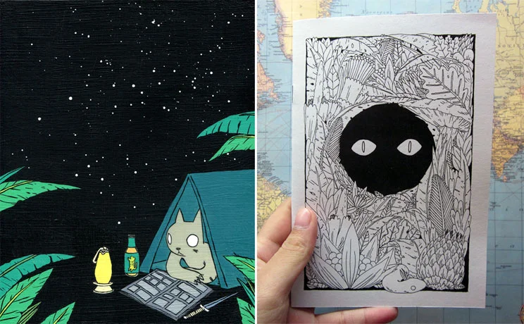 "They Come at Night" & "Cat Reading Paper in Tent" by Deth P. Sun