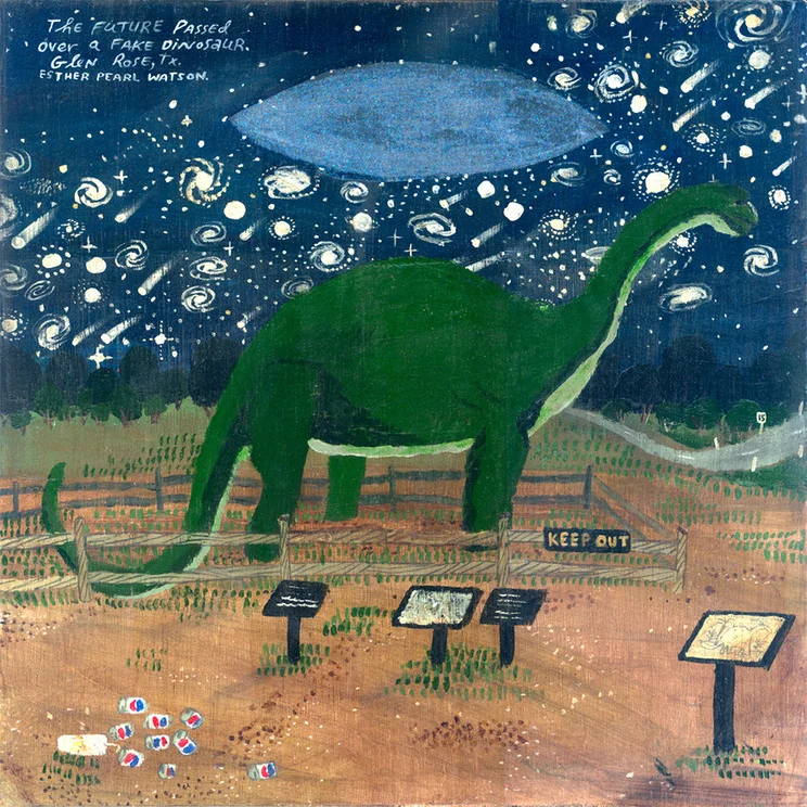 "The Future Passed over a Fake Dinosaur" by Esther Pearl Watson.