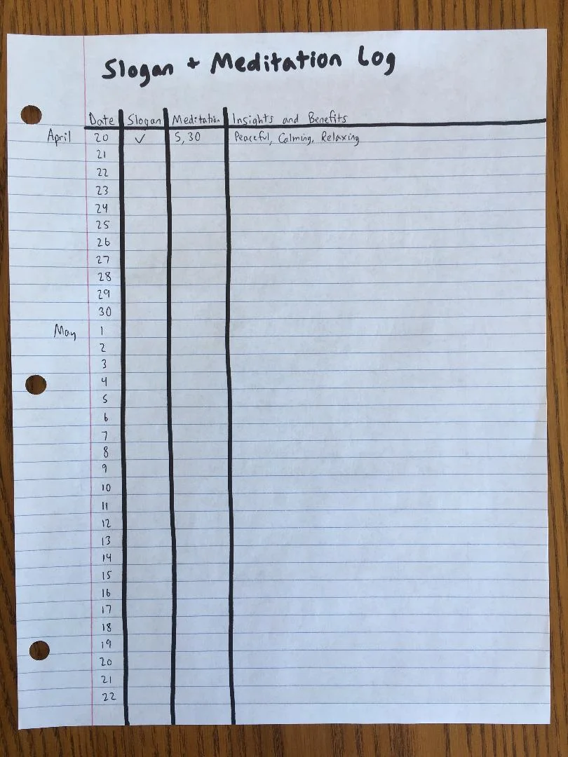 Hand-made slogan and meditation log example