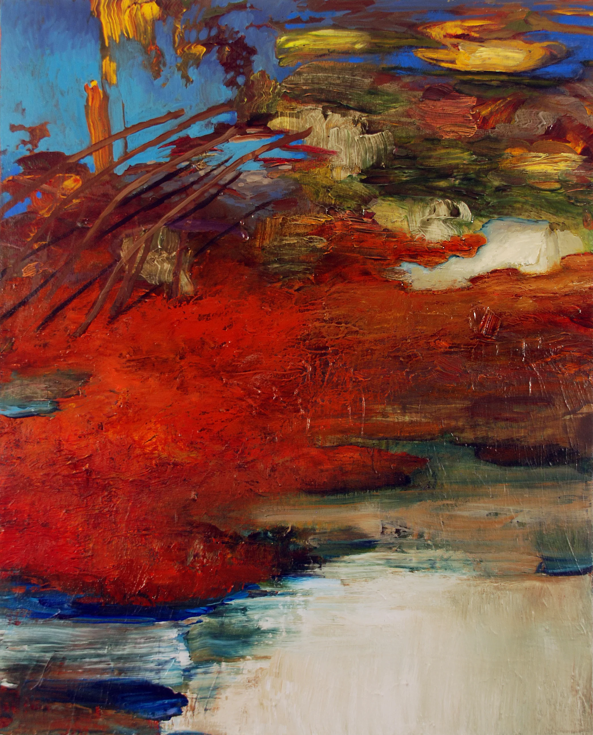 RED LANDSCAPE WITH ARCS. Acrylic on canvas, 36 x 30 inches, 2014 (available)