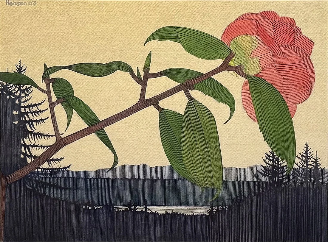   Camelia at Dusk - 2007 ,  Watercolor on Paper,  21.5” × 25”  framed ,  $1,650 