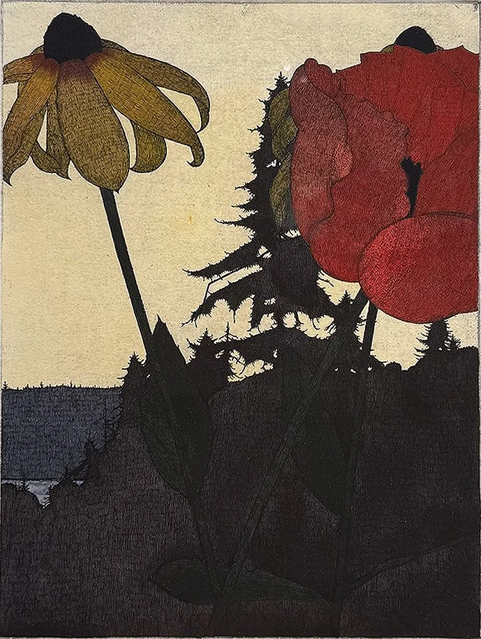   Flower Landscape - 1994 ,  Colored Etching,  23.5” × 19.5”  framed ,  $575 