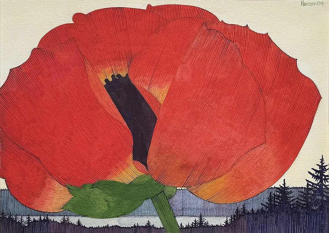   Poppy Landscape - 2004 ,  Watercolor on Paper,  21.5” × 25”  framed ,  $1,650 