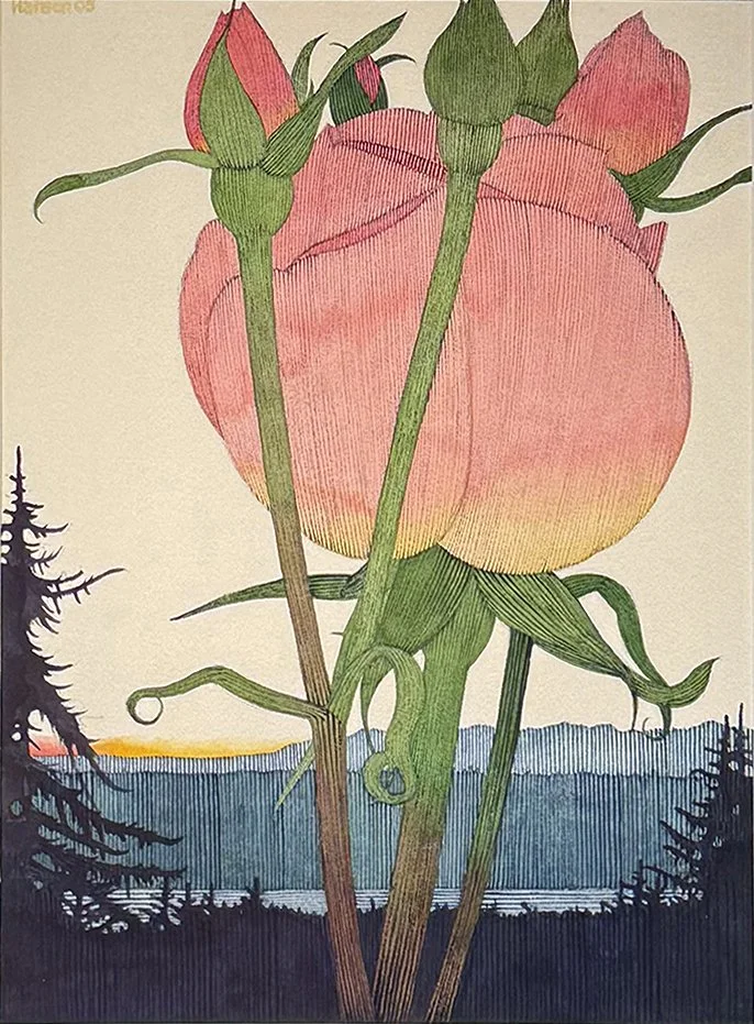   Three Poppy Sunset - 2009 ,  Watercolor on Paper,  25” × 21.25”  framed ,  $1,650 