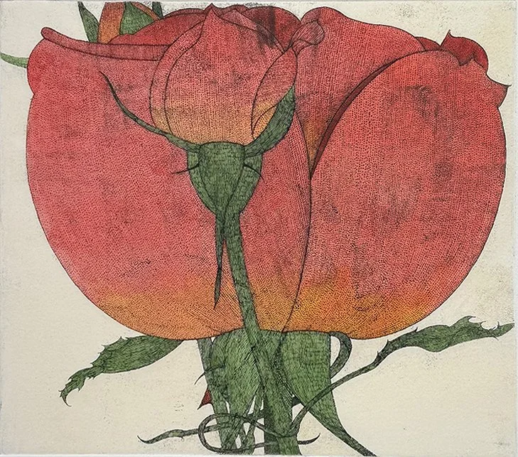   Three Roses - 1997 ,  Colored Etching,  19.5” × 20.5”  framed ,  $475 