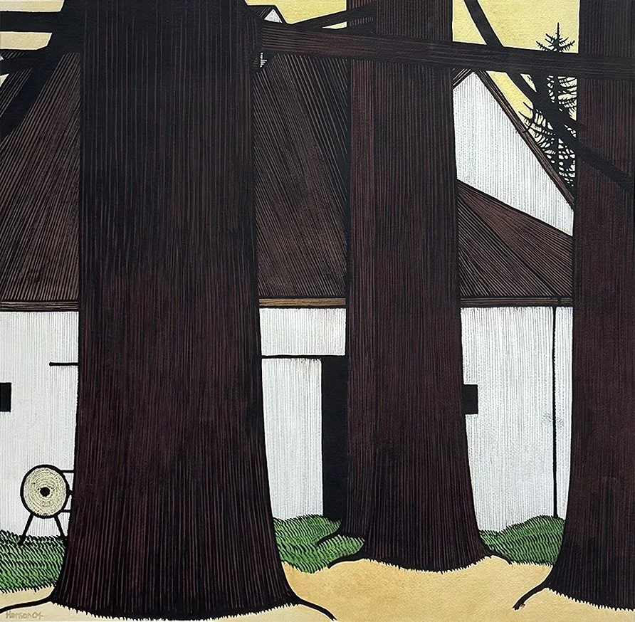   White Barn with Trees - 2004 ,  Watercolor on Paper,  32” × 32”  framed ,  $3,350 