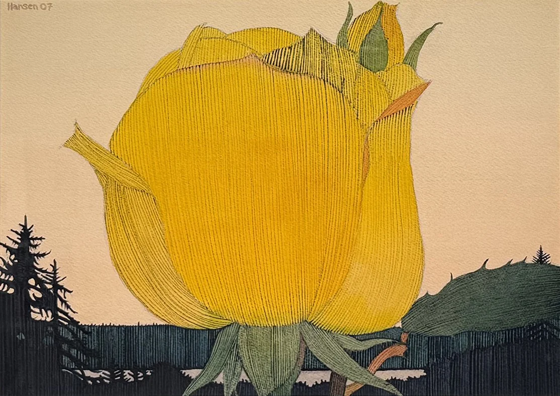   Two Rose Sunset - 2007 ,  Watercolor on Paper,  25” × 21”  framed ,  $1,650 