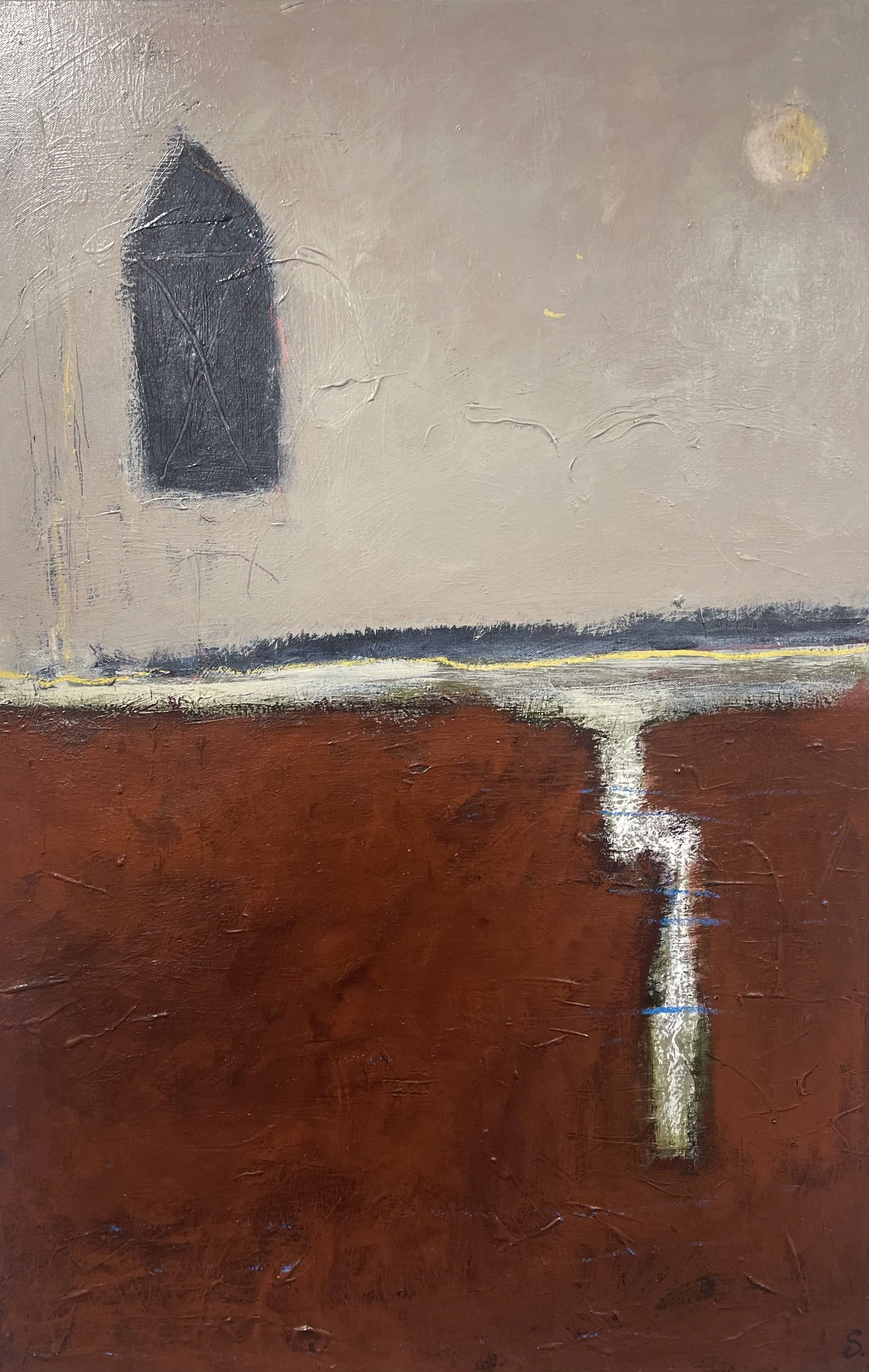   Creekside Ties , Acrylic and Mixed Media on Canvas, 36 × 24 × 2.5”  $1000 