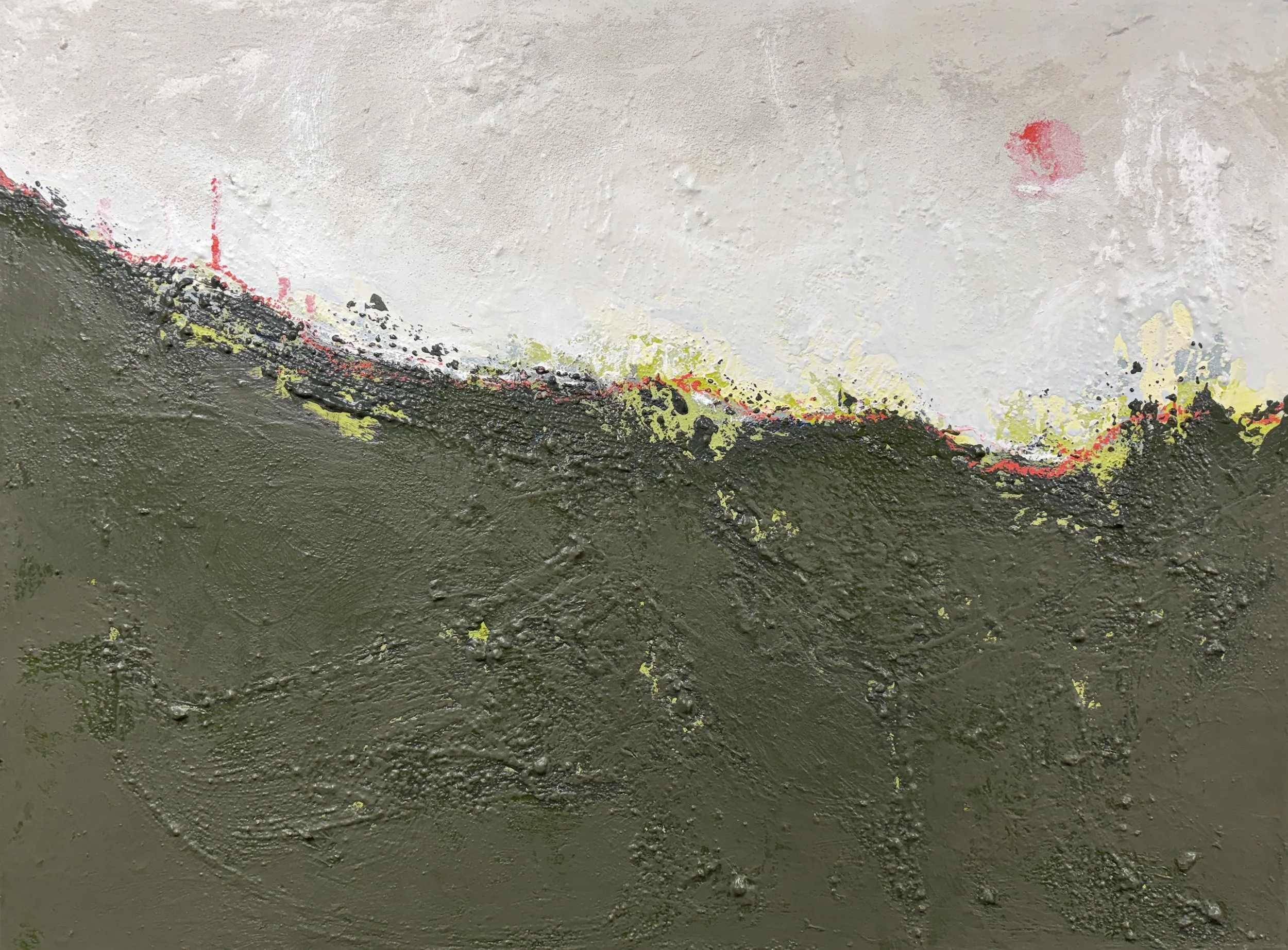   Pear Trees and Other Forbidden Places , Acrylic and Mixed Media on Canvas, 18 × 24 × 2.5”  $500 