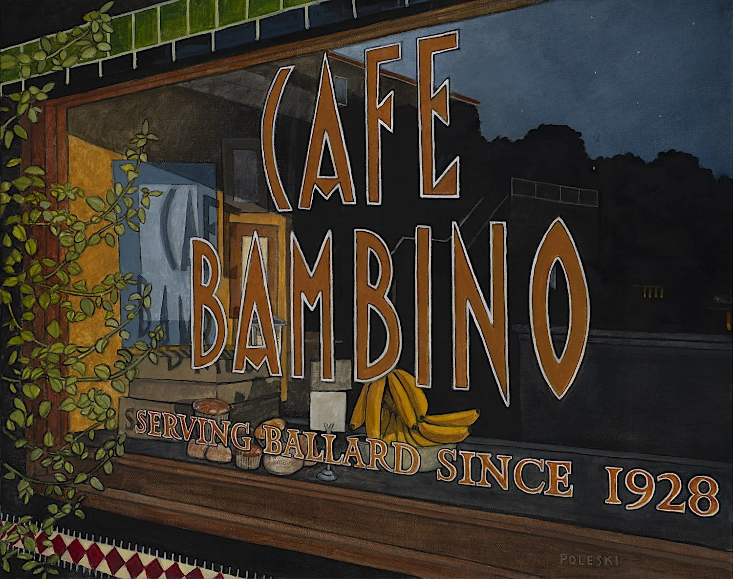  cafe window - david poleski , 2026, oil on canvas, 24” x 30” $3,500 