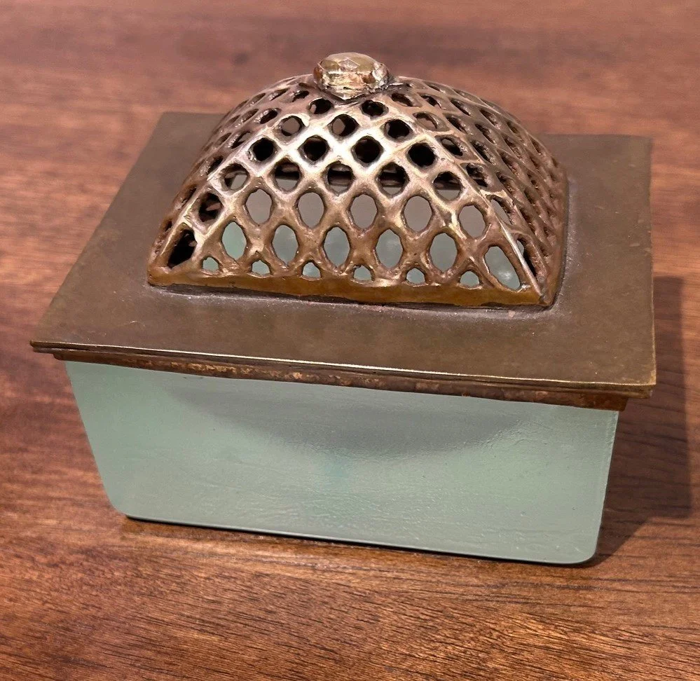   Box #1 , Lee Campbell,  Cast glass, fabricated cast bronze, sapphire, 4.5” x  3.5” x 4”  $600 