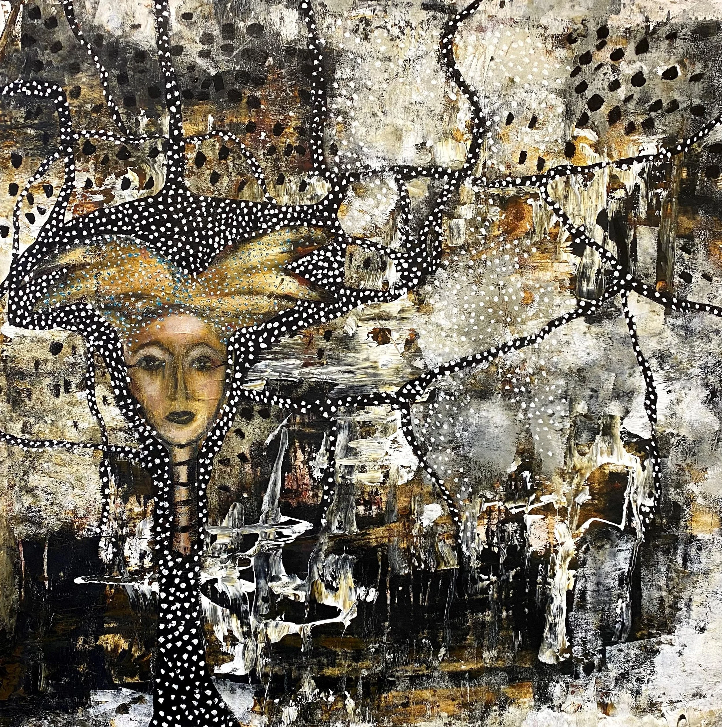   Unfamiliar Landmarks  , Jeane Myers,  Mixed Media Collage, 42” x  42.75” $2,600 
