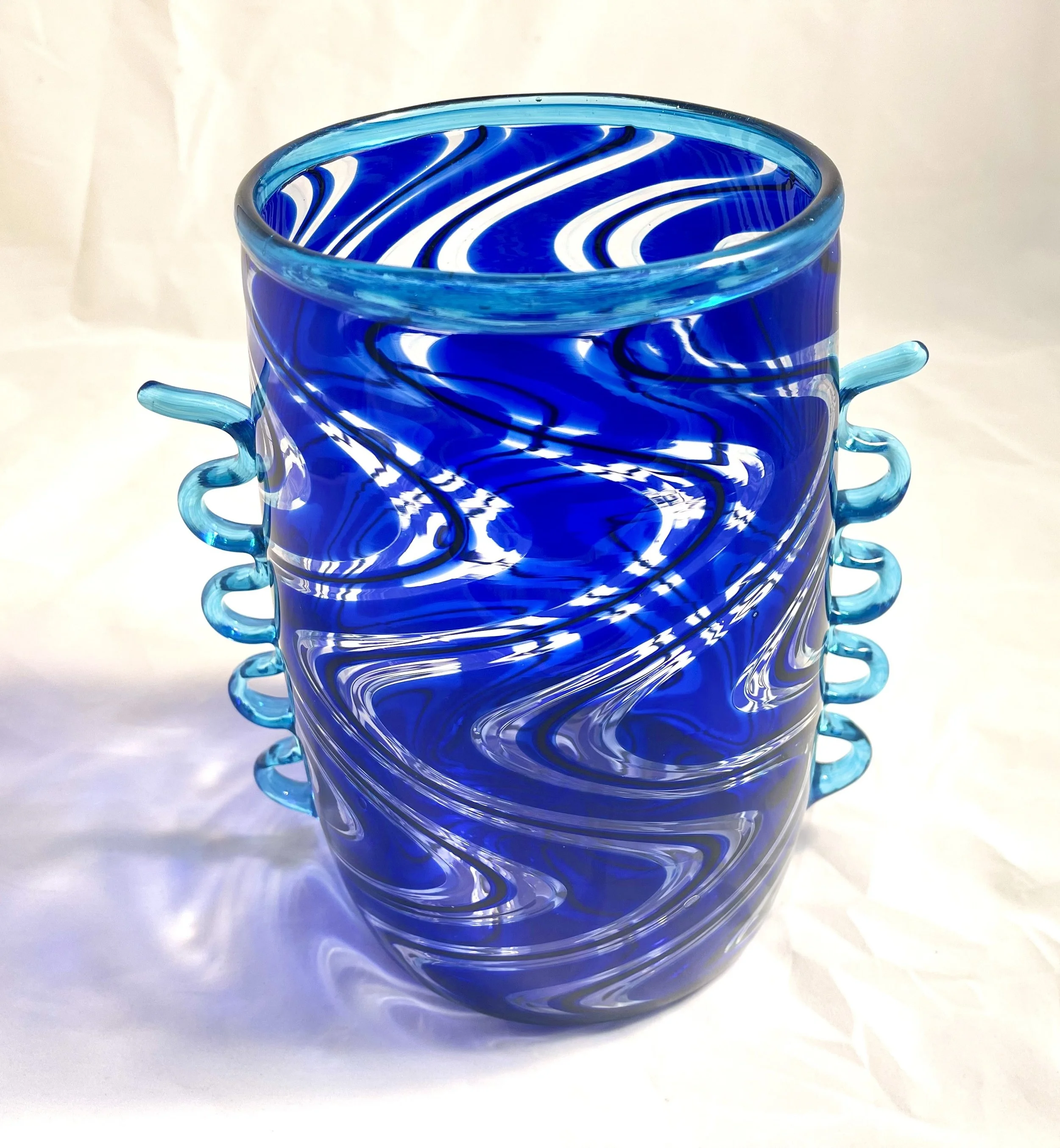   Blue Squiggle Vase , Mikey Cozza,  Blown Glass, 8.75” x  7.5” x 5.5”  $900 