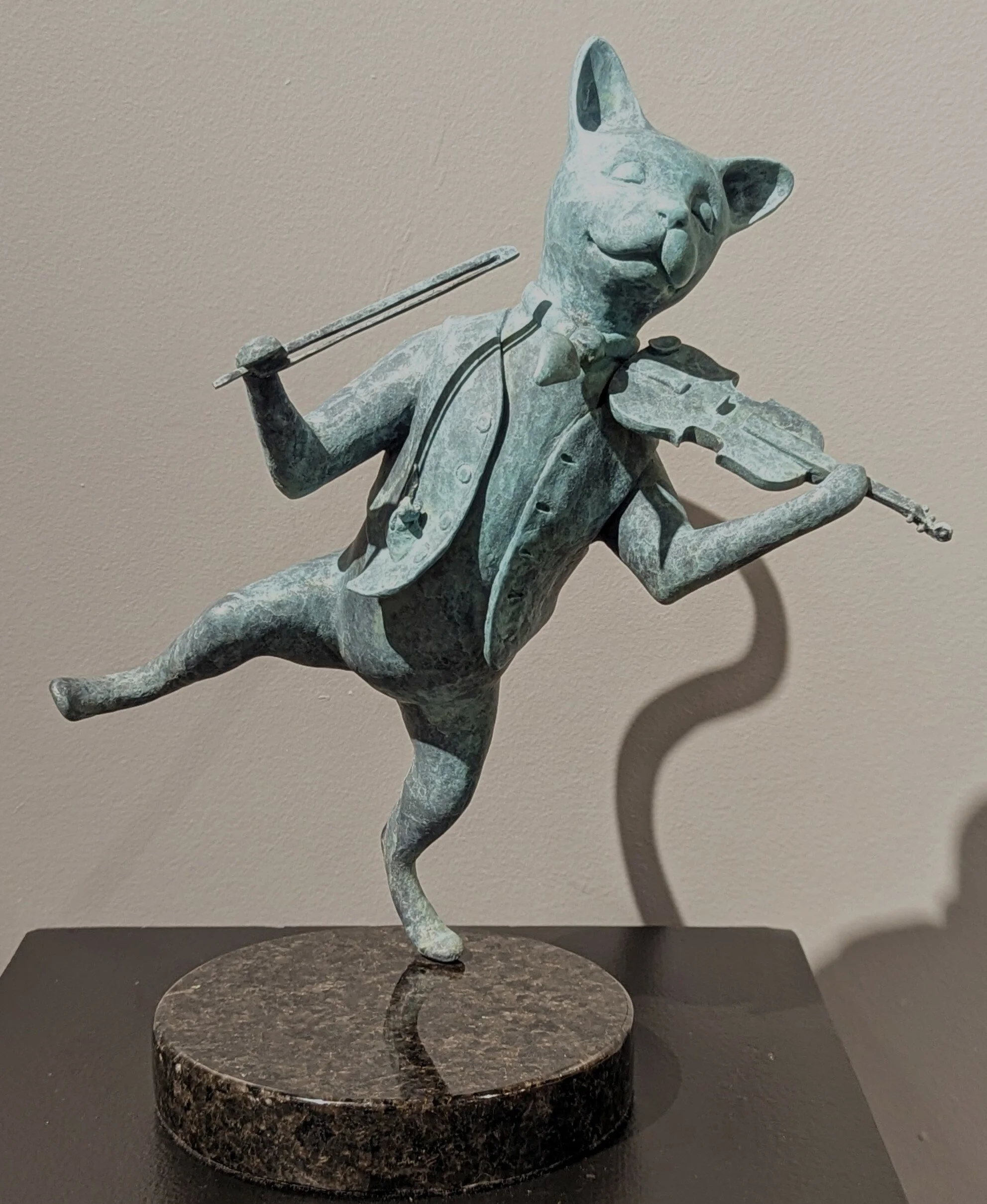   The Cat and The Fiddle , David Poleski,  Bronze Sculpture, 13” x  10” x  9”  $5,400 