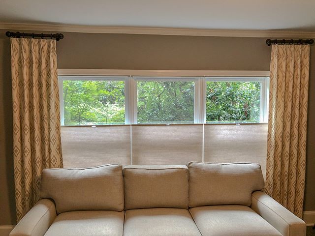 Custom drapes and shades installed for another client. These cellular shades operate from the bottom up! 
#InteriorDesign #Drapes #Shades #WindowTreatments #CustomInteriorDesign #Upholstery