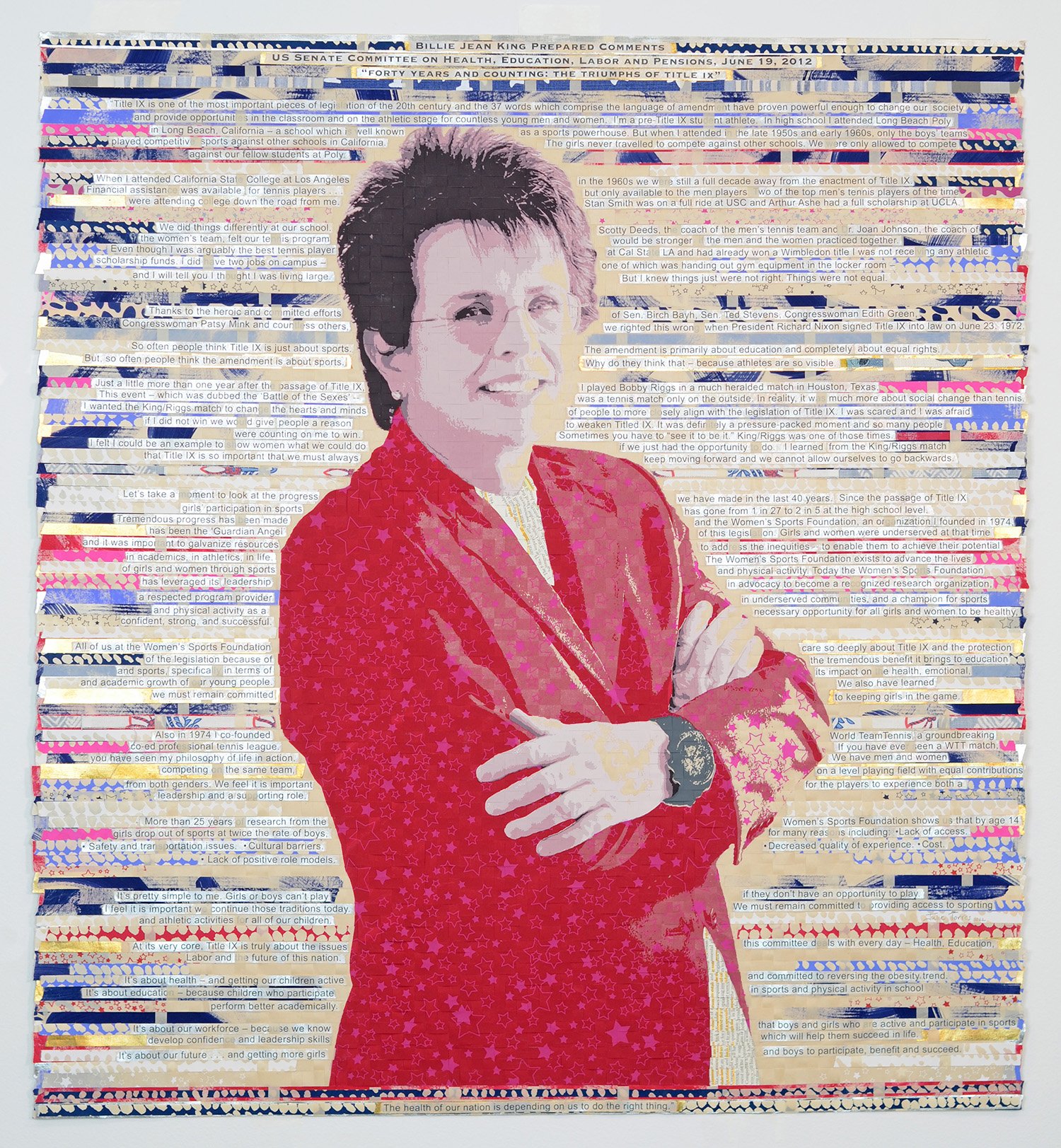 Tennis for Everyone , 2022 Woven screenprint, gold leaf, fabric, cut paper from Constitutional Law 40.5 x 37.5 inches (framed) Available through Maune Contemporary