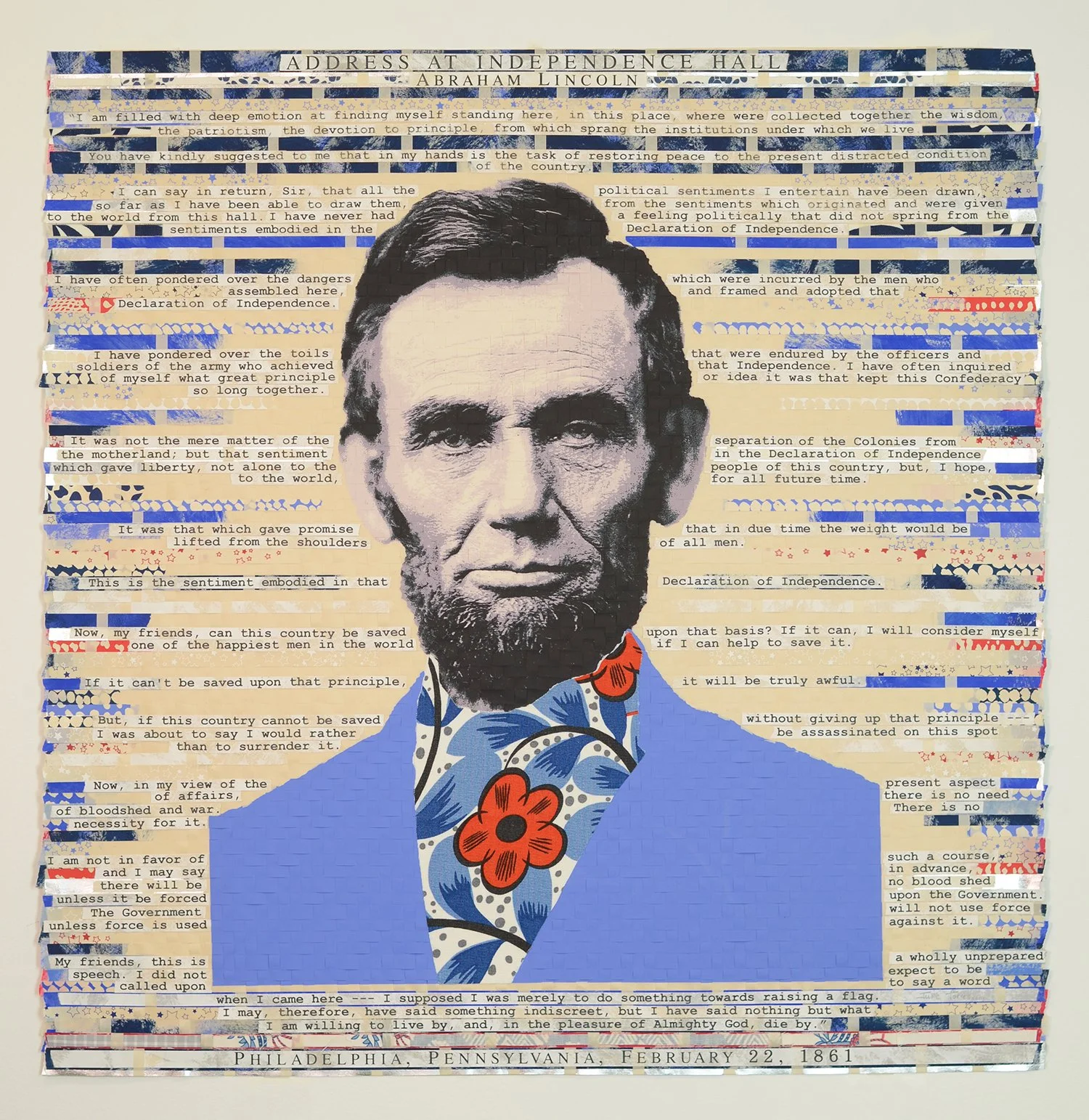    The Great Emancipator II  , 2024  Woven screenprint, silver leaf, cut fabric  40 x 39 inches (framed)  Available through  Maune Contemporary  