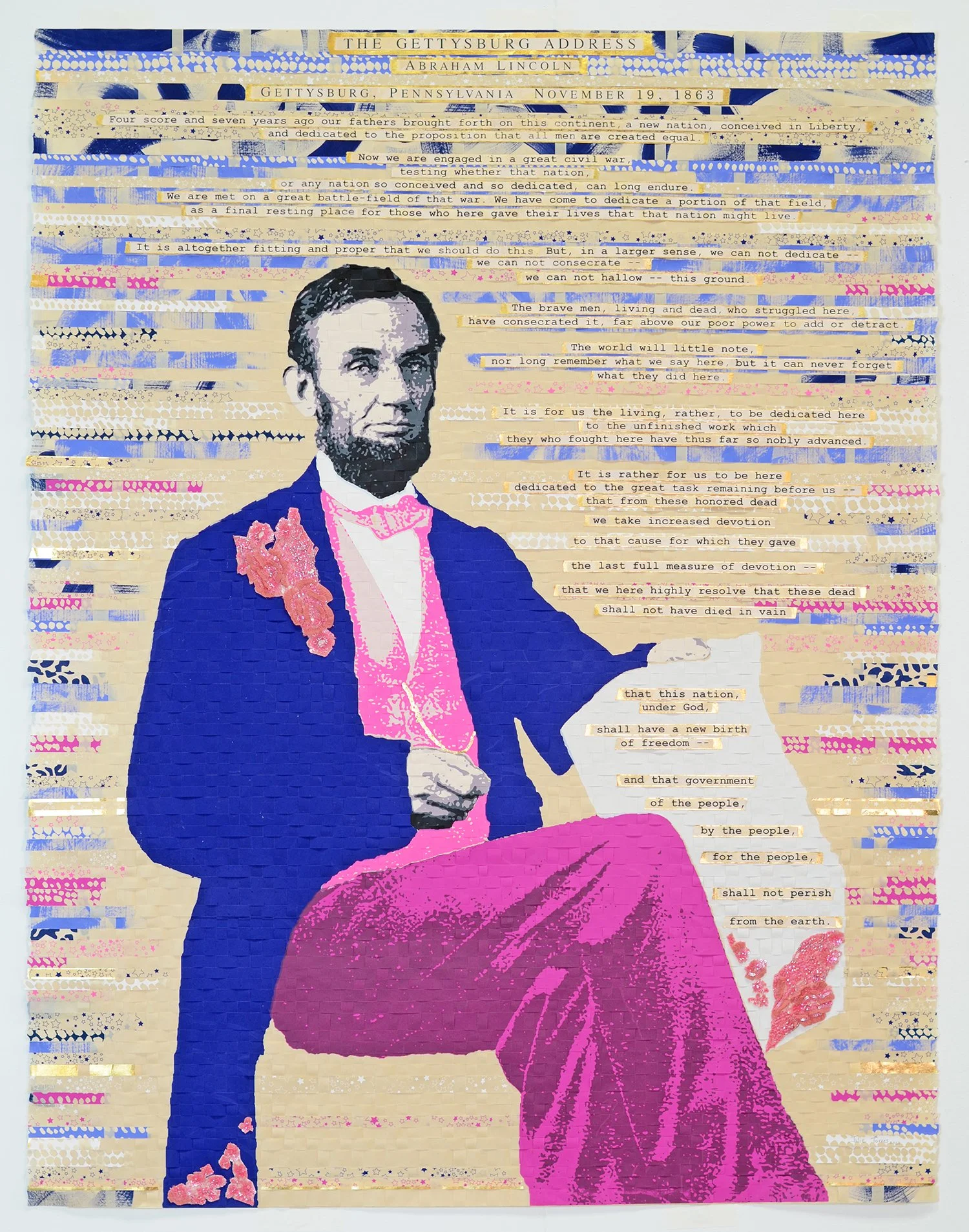    To the Unfinished Work  , 2023  Woven screenprint, gold leaf, French lace  60 x 48 inches (framed)  Sold 