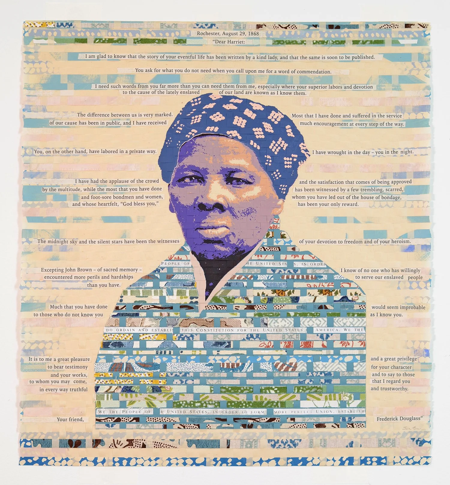    Dear Harriet  , 2024  Woven screenprint, cut fabric  30 x 28 inches (framed)  Available through  Maune Contemporary  