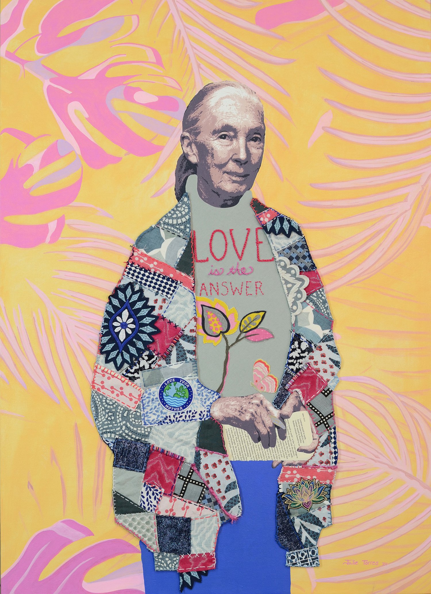    Love Your Mother  , 2024  Mixed media on canvas (screenprint, quilting, embroidery, acrylic paint)  47 × 34 inches (unframed)  Available through  Maune Contemporary  