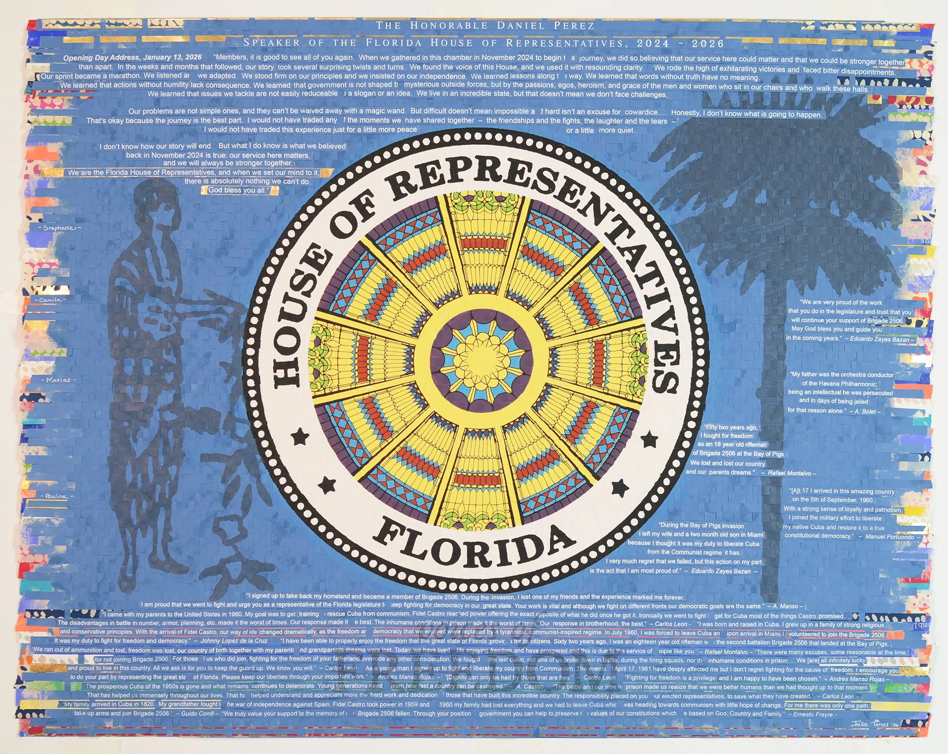    Freedom  , 2026  Woven screenprint with gold leaf  36 × 44 inches (framed)  Commission for Florida House Speaker Daniel Perez gifted by Florida House of Representatives Members 
