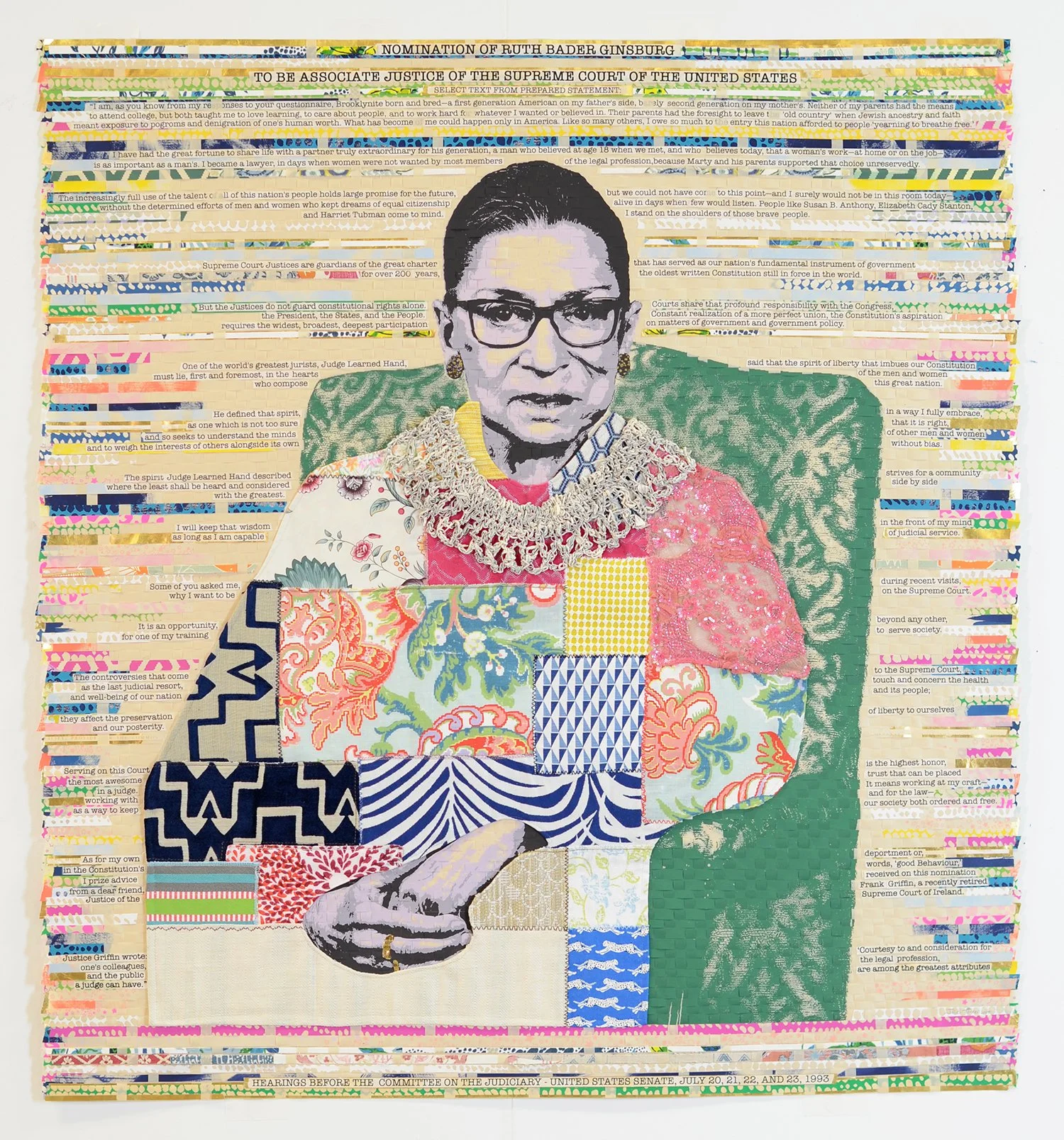    Guardian  , 2025  Woven screenprint, quilted fabric, crocheted paper from constitutional law treatise  57 × 53 inches (framed)  SOLD 