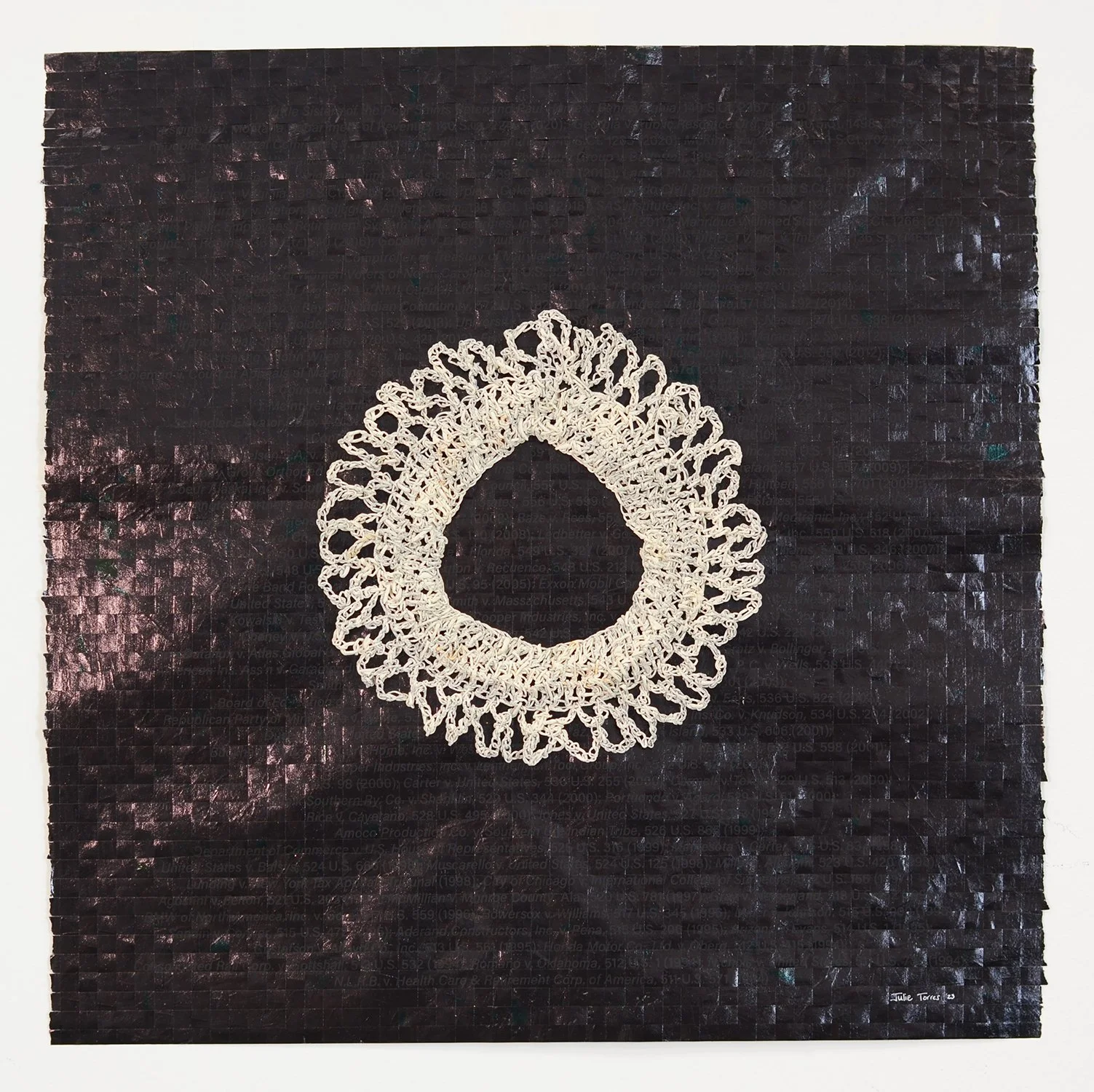    Dissenter’s Hope II  , 2023  Woven screenprint with crocheted paper from constitutional law treatise  32.5 × 32.5 inches (framed)  Available, inquire  here  
