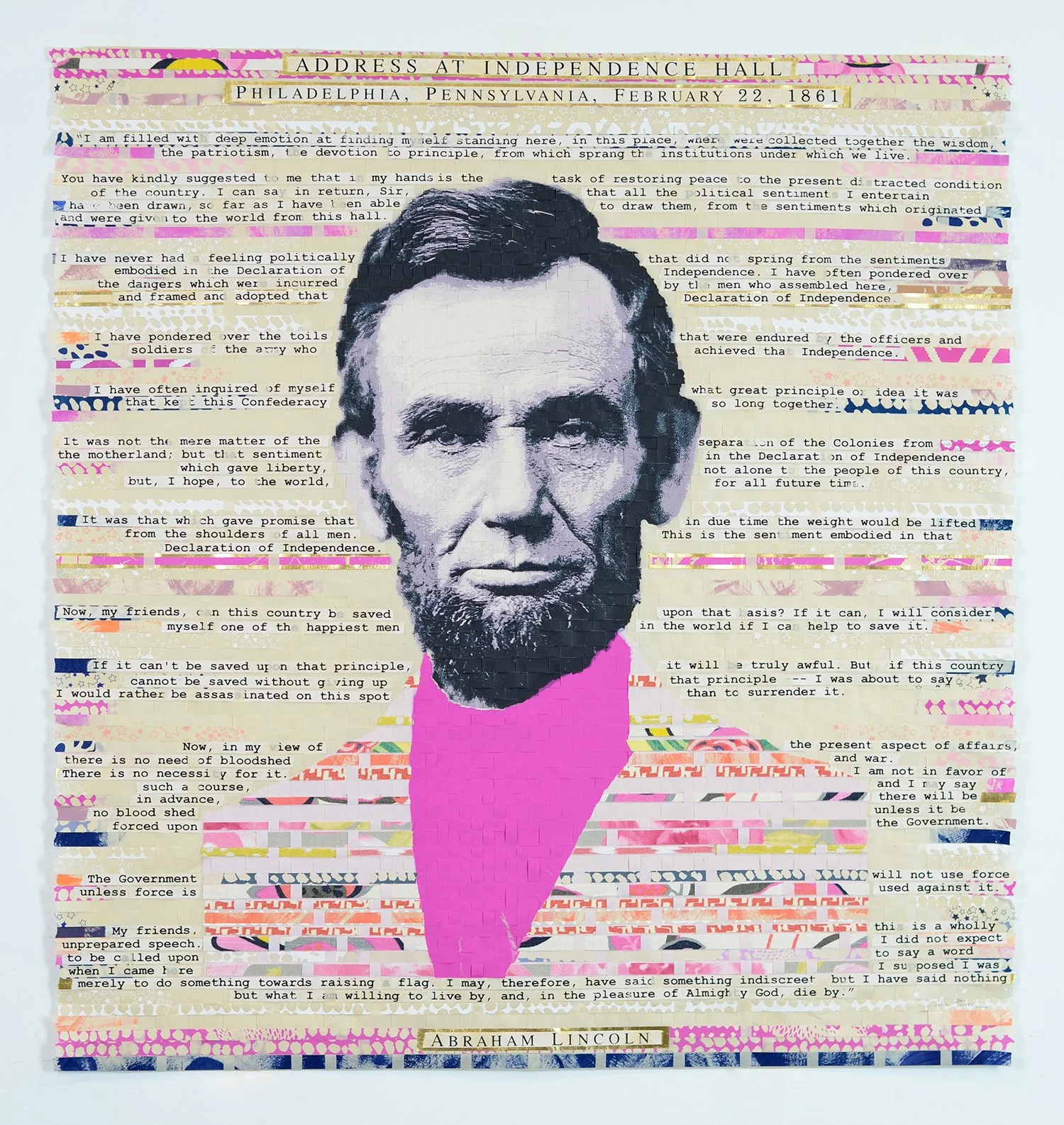    Uncommon Friend of the Common Man  , 2026  Woven screenprint, cut fabric  40 × 38 inches (framed)  Available through  Georgia Lawyers for the Arts Gala  