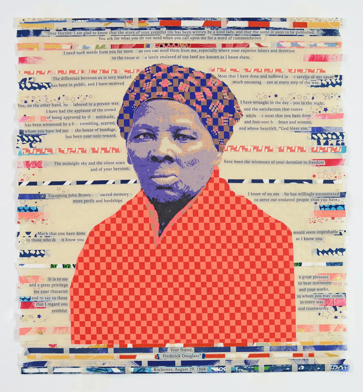    Moses of Her People,   2026  Woven screenprint, cut fabric  30 × 28 inches (framed)  Available, inquire  here  