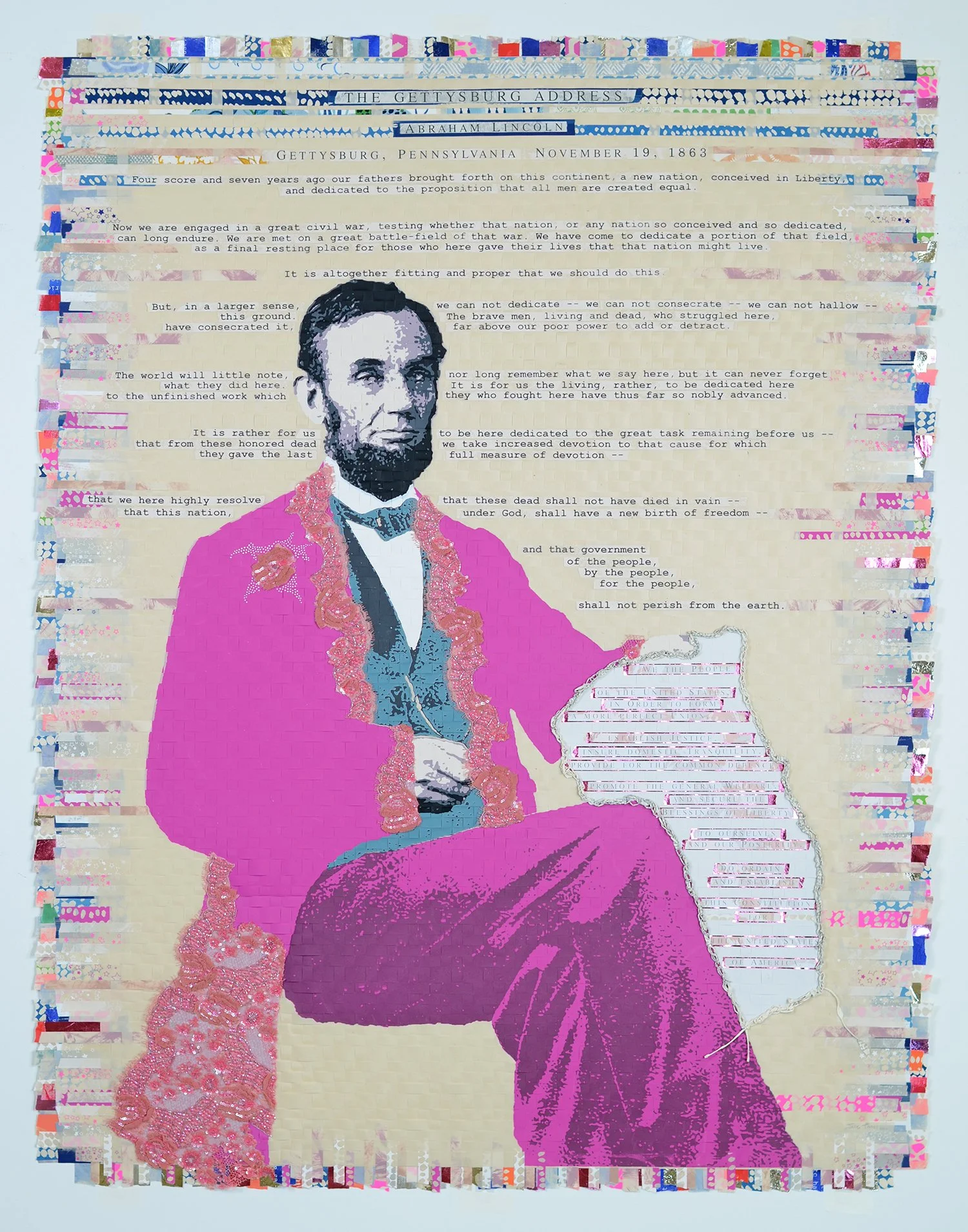    A New Kind of Freedom  , 2026  Woven screenprint, lace, crocheted paper from constitutional law treatise  62.5 × 50.5 inches (framed)  Available, inquire  here  