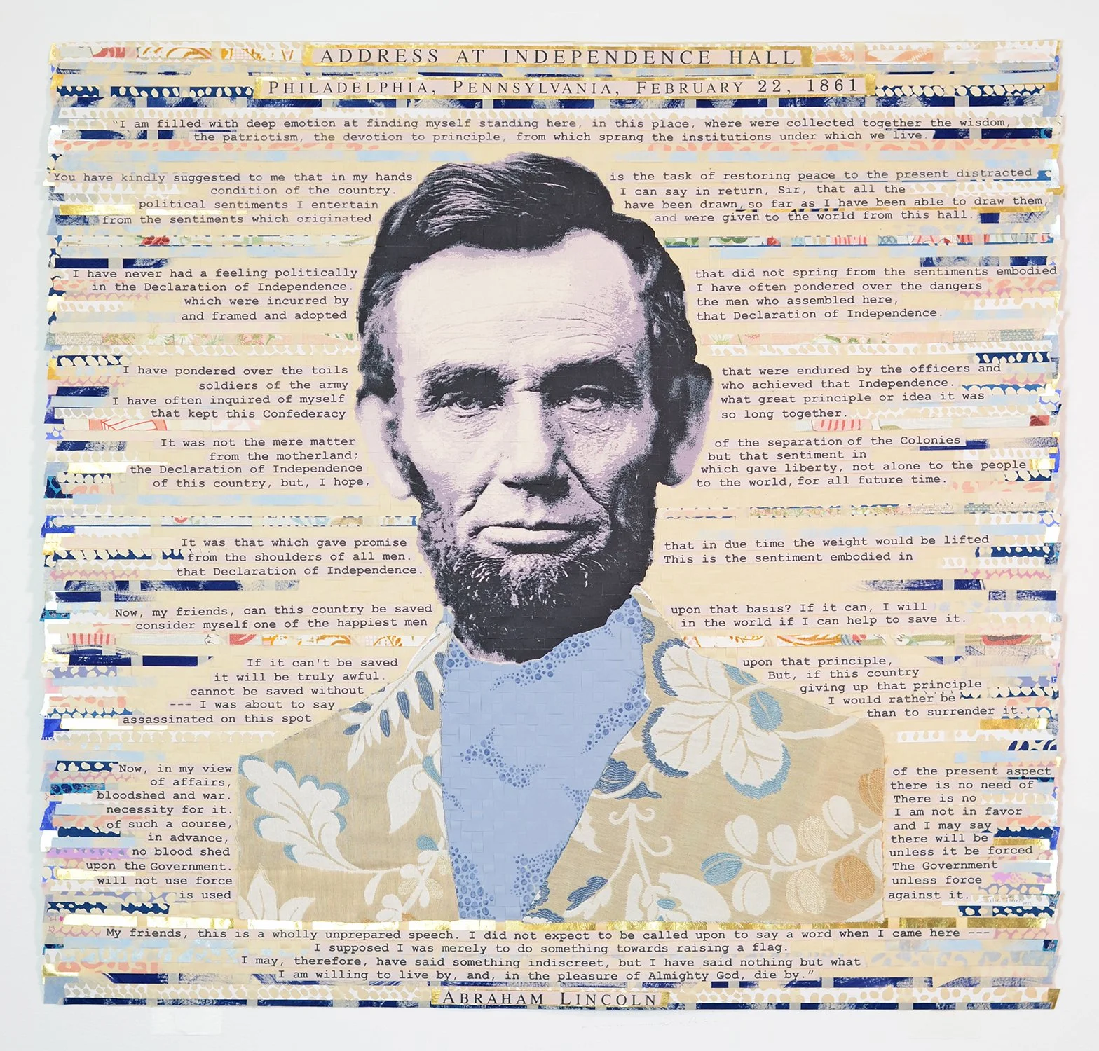    What Great Principle  , 2025  Woven screenprint, cut fabric  40.5 × 42 inches (framed)  SOLD 