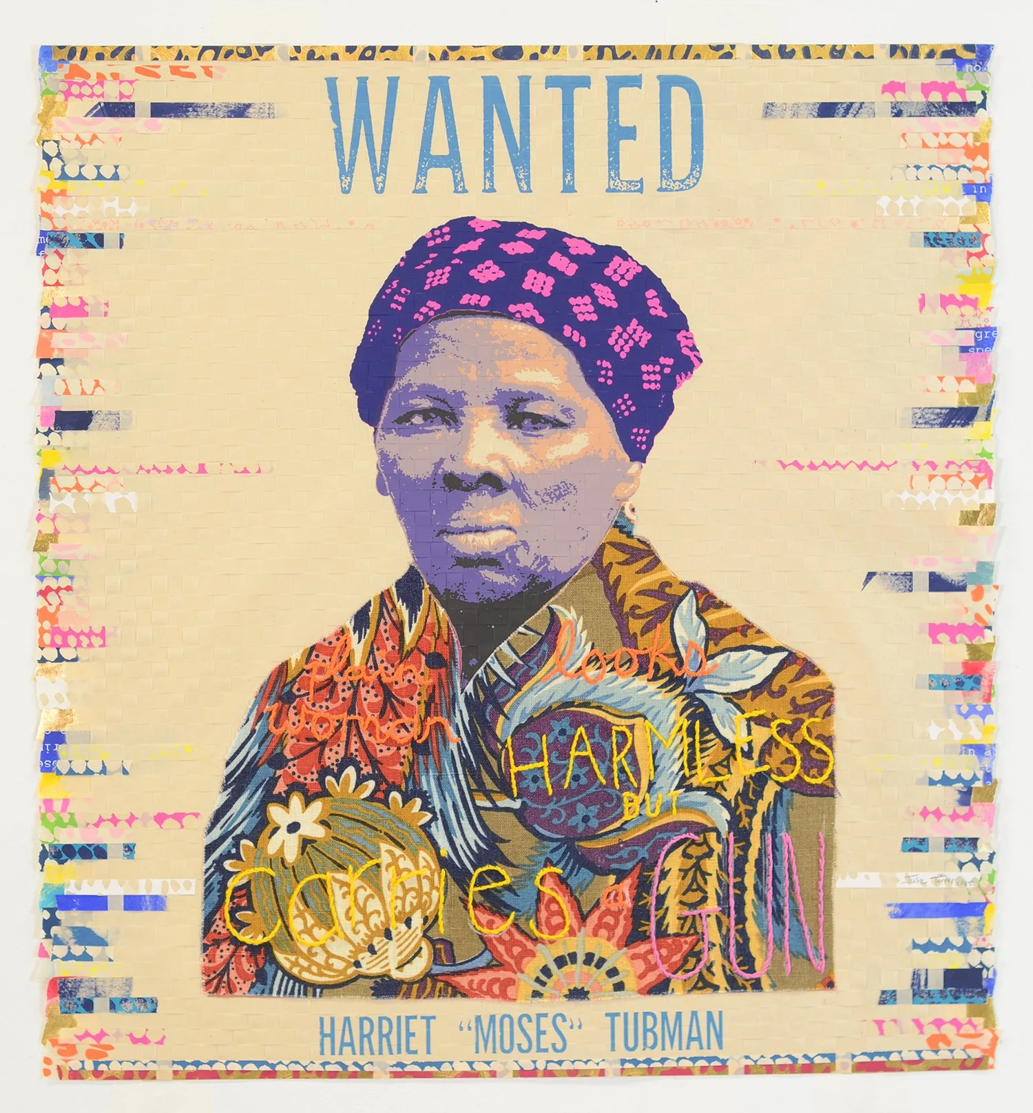    Plain Woman  , 2025  Woven screenprint, fabric, embroidery  30.5 × 28.5 inches (framed)  Available through  Mason Fine Art  