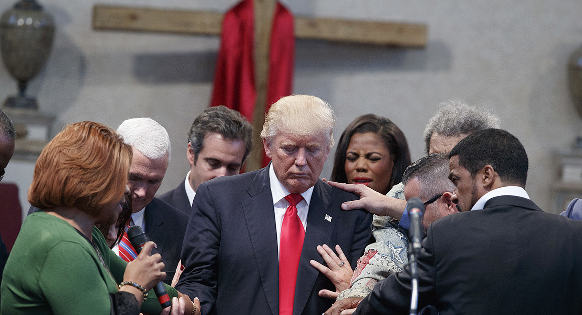 Evangelical Leaders lay hands on Donald Trump in Cleveland, September 21, 2016.