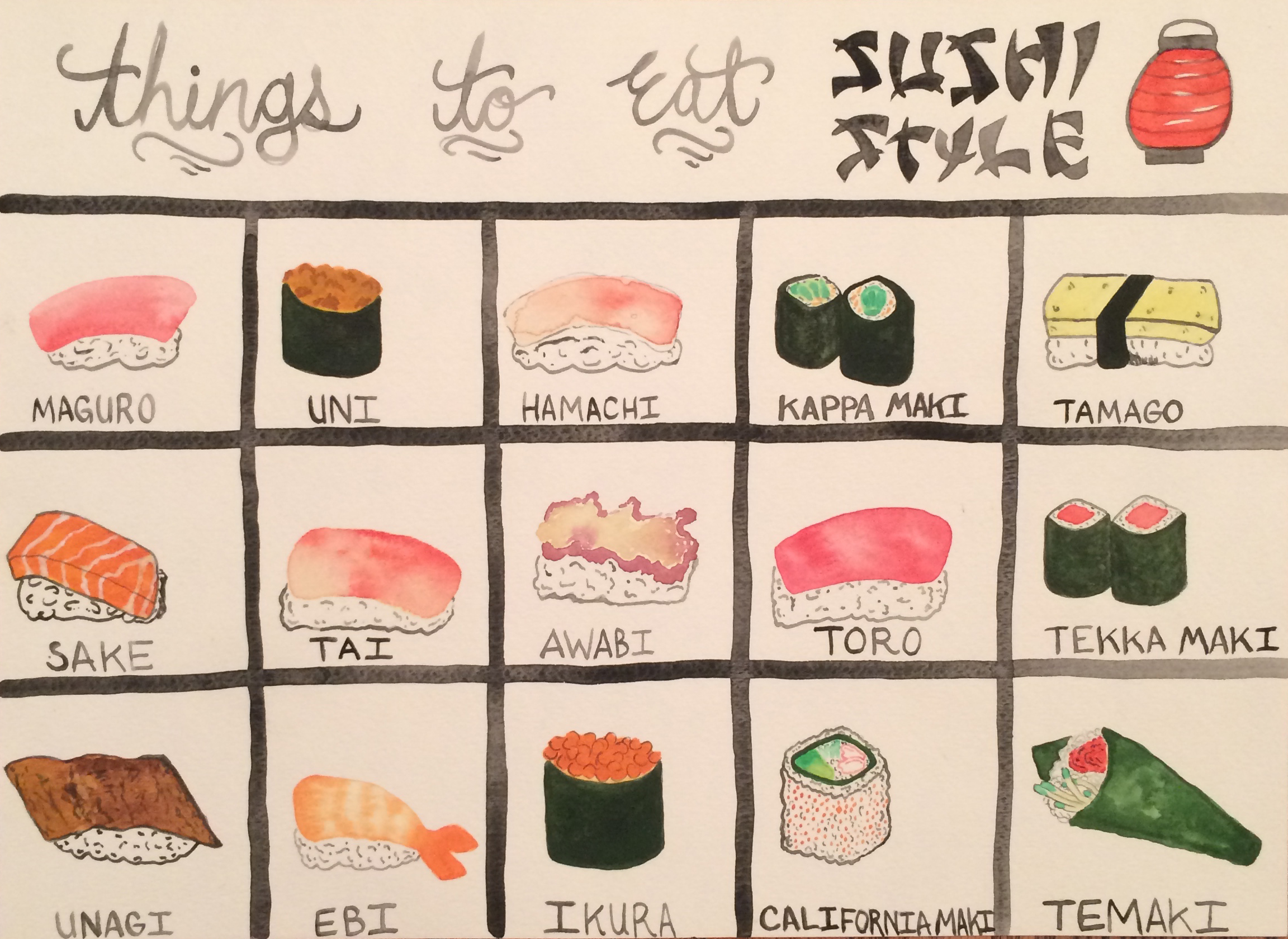   things to eat (sushi style)   watercolor on paper  11" x 15"  2014 