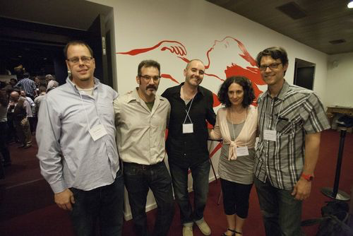 TAKING A BREAK FROM THE SYMPOSIUM: MANHATTAN EDIT WORKSHOP'S JASON BANKE & JOSH APTER, FELLOW JIM HESSION, AND KSFEF'S RACHEL SHUMAN AND GARRET SAVAGE.