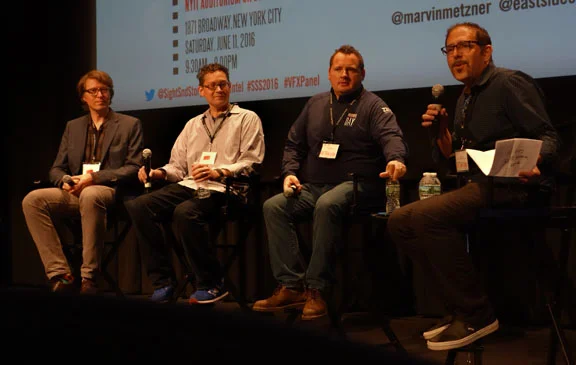 Alex Lemke, left, Ed Mendez and Sean Devereaux joined moderator Ross Shain for the first panel of the day that covered visual effects. Photo by Dan Ochiva