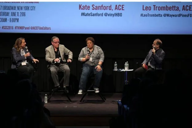 Kelley Dixon, ACE, (center) started as a PA, while Leo Trombetta, ACE, (to her left) was a sound editor.