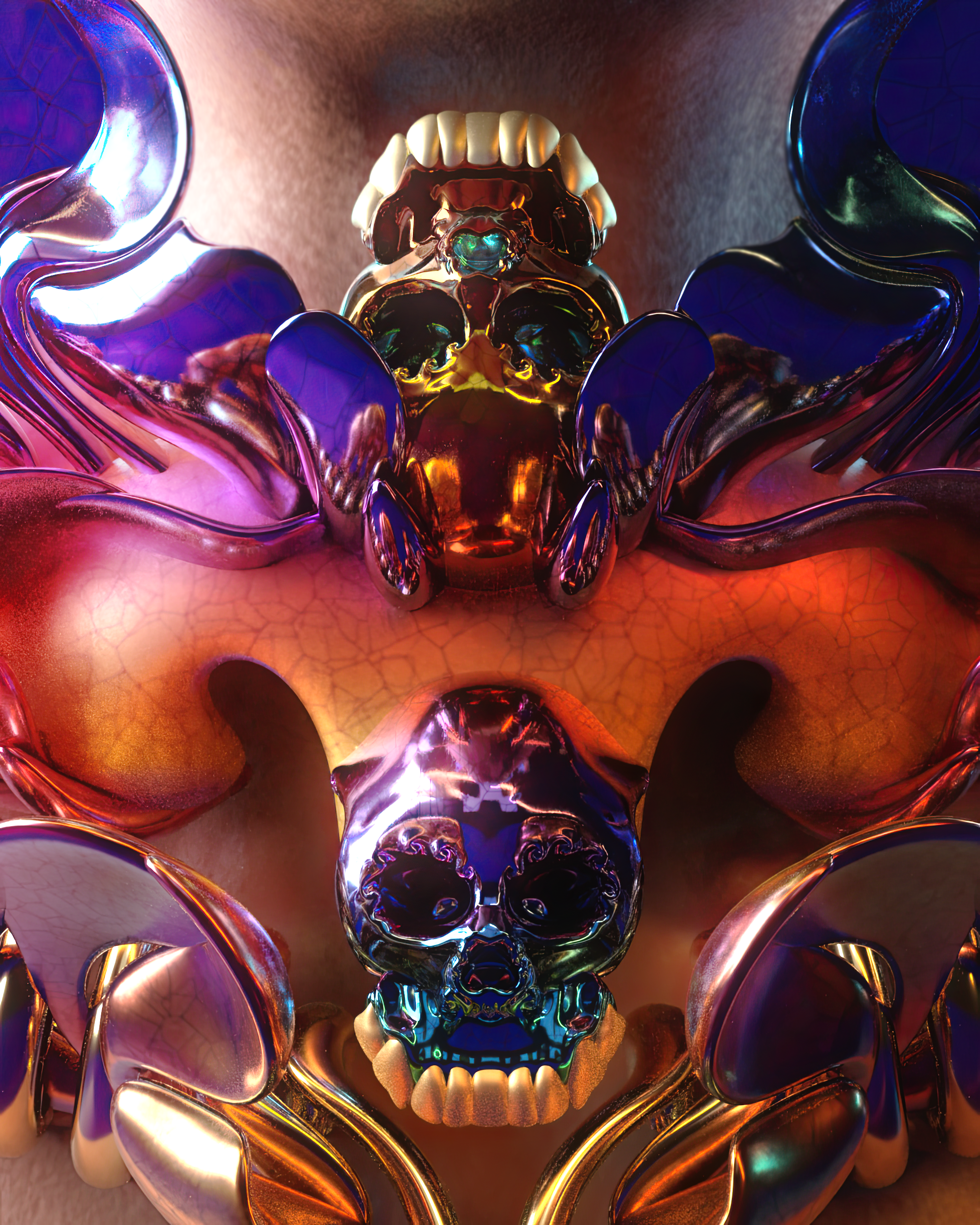 This work blurs the line between ornament and aggression, soft flesh and machine-altered identity. Its high-gloss surfaces and volatile hues draw inspiration from nature’s most cunning strategy: the brightly colored skin of venomous frogs and insec
