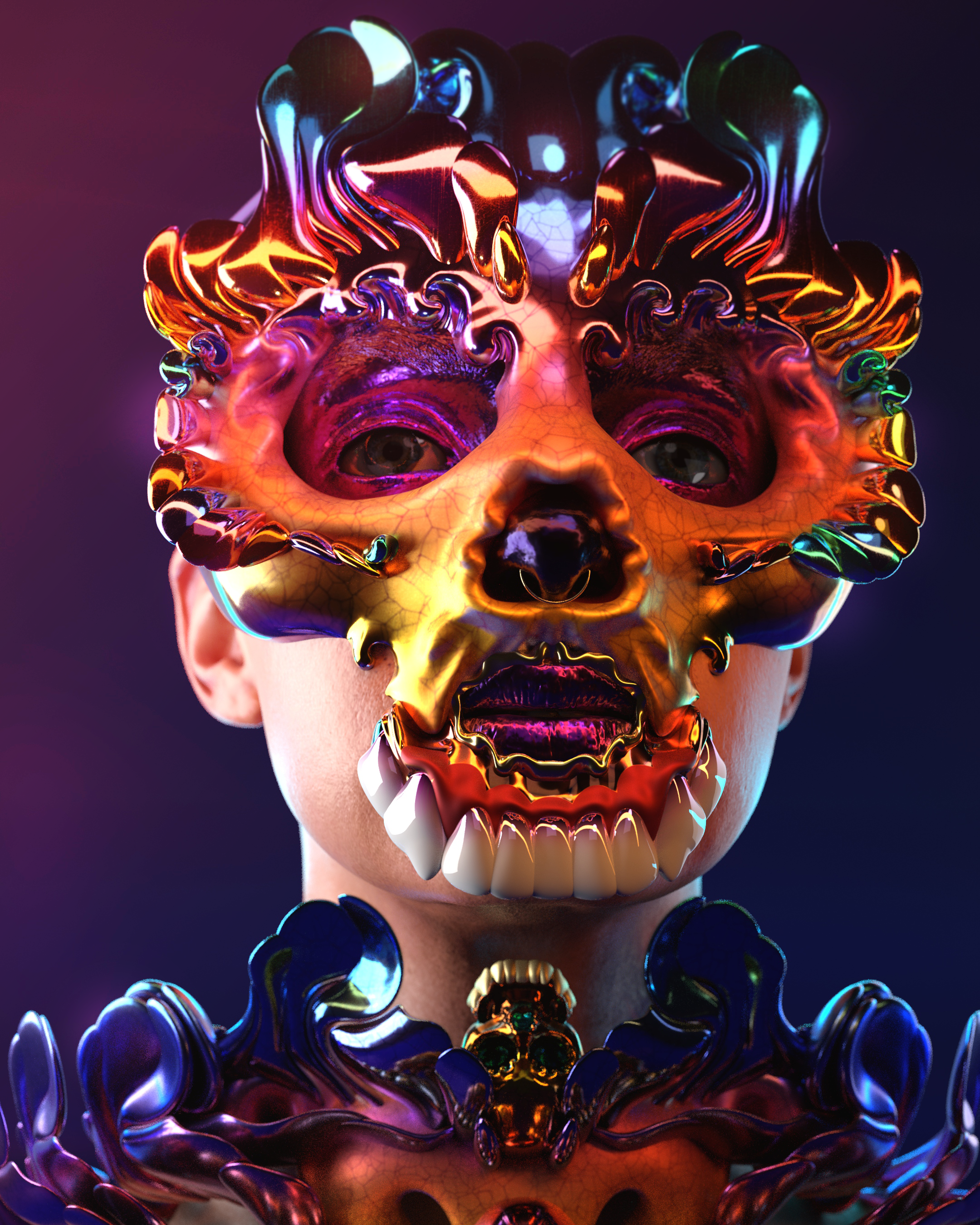Part mask, part prosthetic crown, the piece fuses mythic motifs with cybernetic elegance - polished enamel, snarling forms, and bone-like textures evoke a couture relic of a digital war priestess.