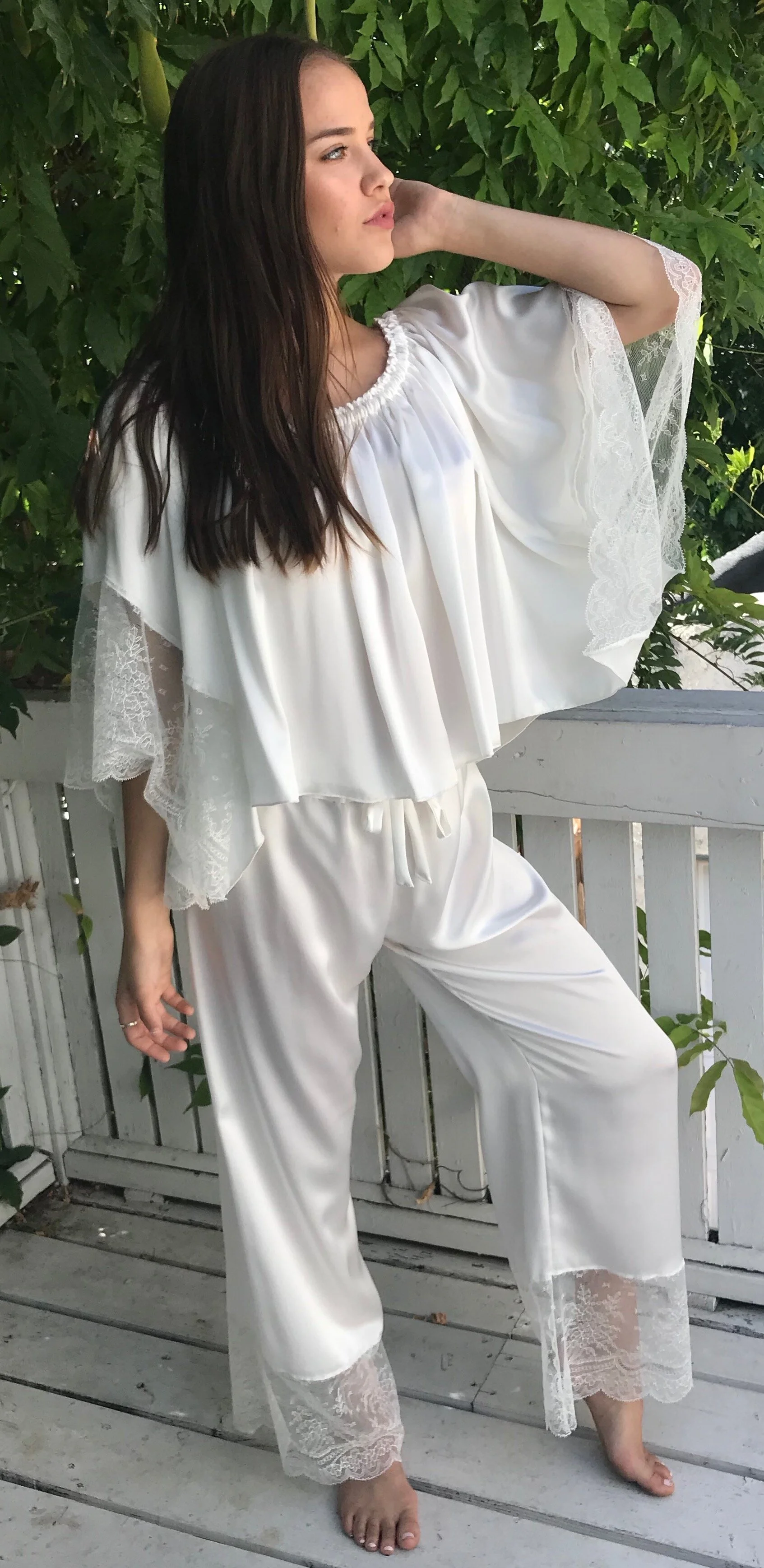 SILK HIGH-WAISTED LOUNGE PANT W/LACE   SBP-722-SK IV