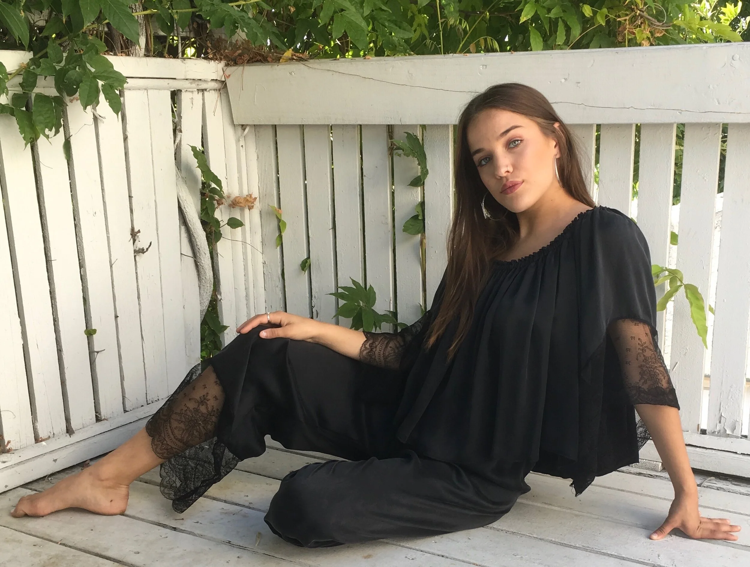 SILK HIGH-WAISTED LOUNGE PANT W/LACE HEM       SBP-722-SK BK