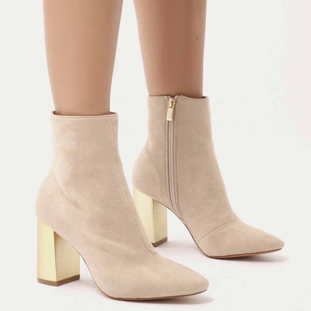 ORLA METALLIC GOLD HEEL ANKLE BOOTS IN NUDE FAUX SUEDE.jpg